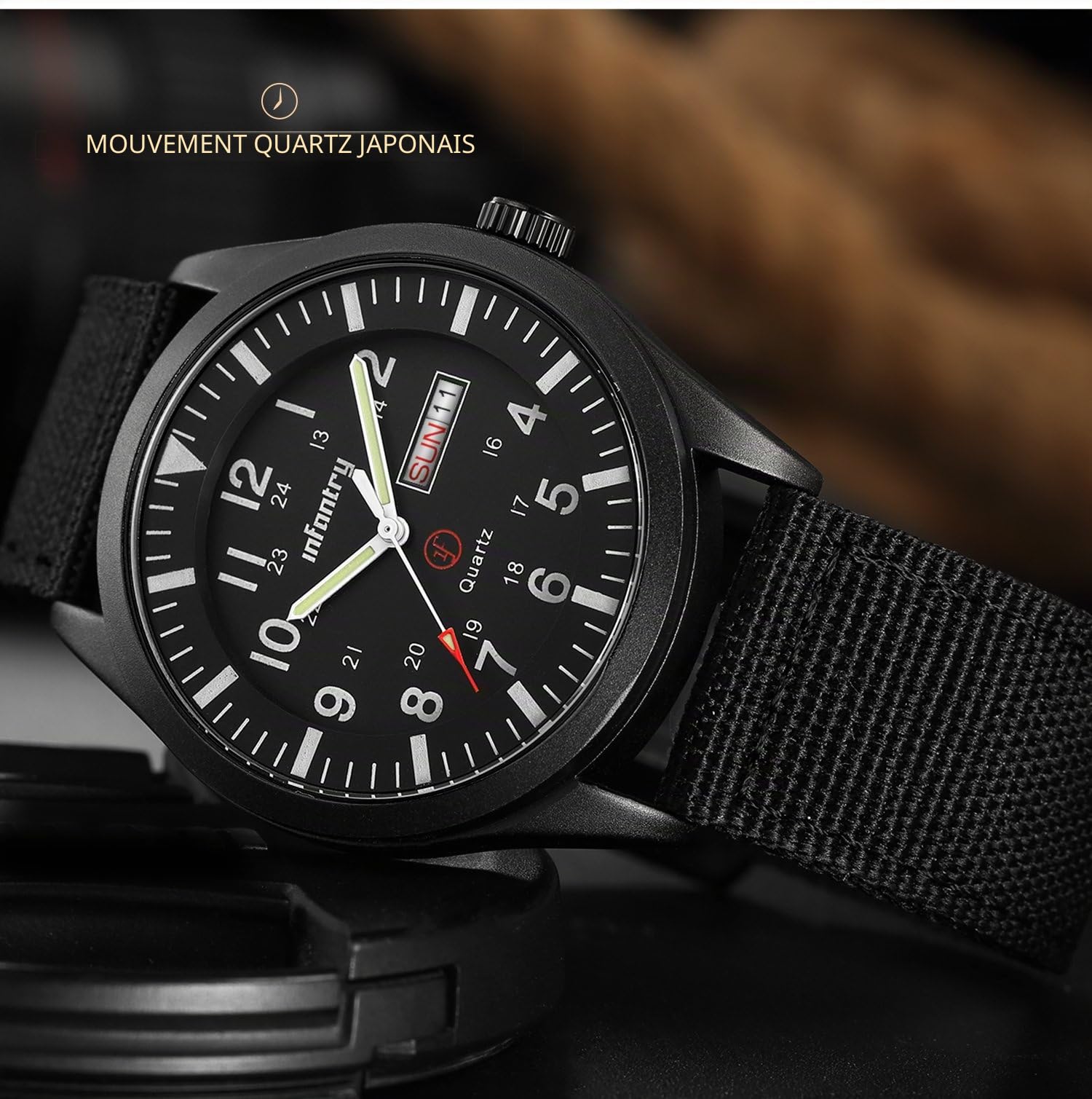 Infantry Military Watches for Men, Mens Field Wrist Watch for Tactical Outdoor Sport, Army Work Analogue Wristwatch, Date Day Display, 50M Waterproof, Black Nylon Strap