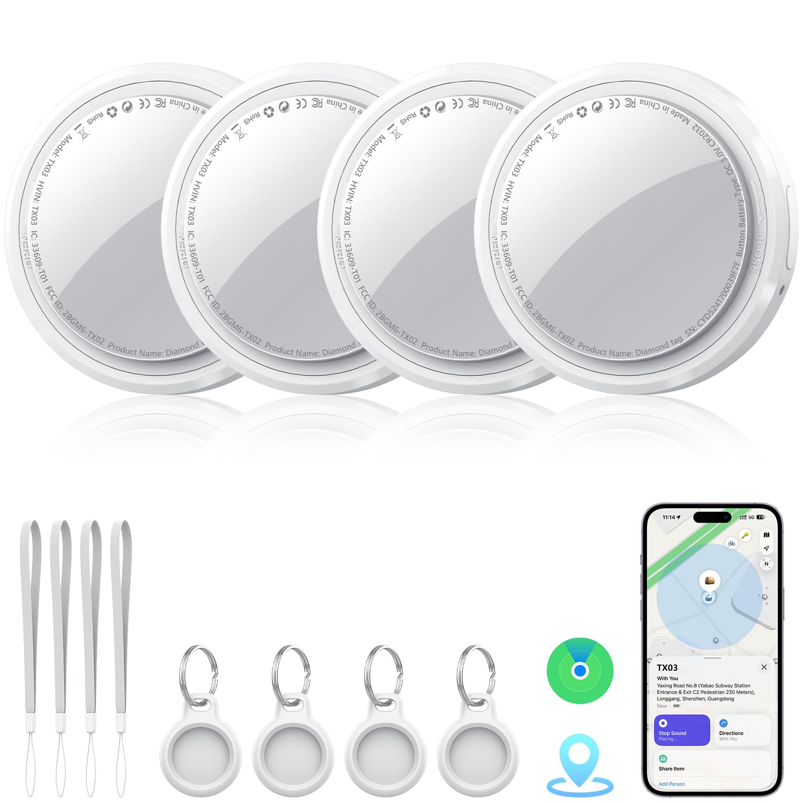 Air Tracker Tag 4 pezzi Bianco Compatibile con Apple Dov'è (solo iOS) | Bluetooth Trova Oggetti, Smart Tracker Localizzatore e Bagagli/Valigie/Portafogli, Chiavi Tag Tracking, Batteria Sostituibile