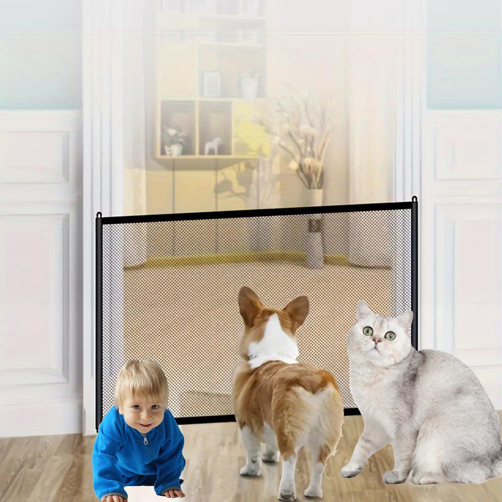 Stair Gates for Dogs, Mesh Baby Gate, 110×72 cm Gates Indoor Dog Stair Gates, Pet Gate Baby Dogs Safety Gates For Kids, Dog Barrier, Baby Mesh Stair Gate for Dogs Mesh Gate, with 6 Adhesive Hooks