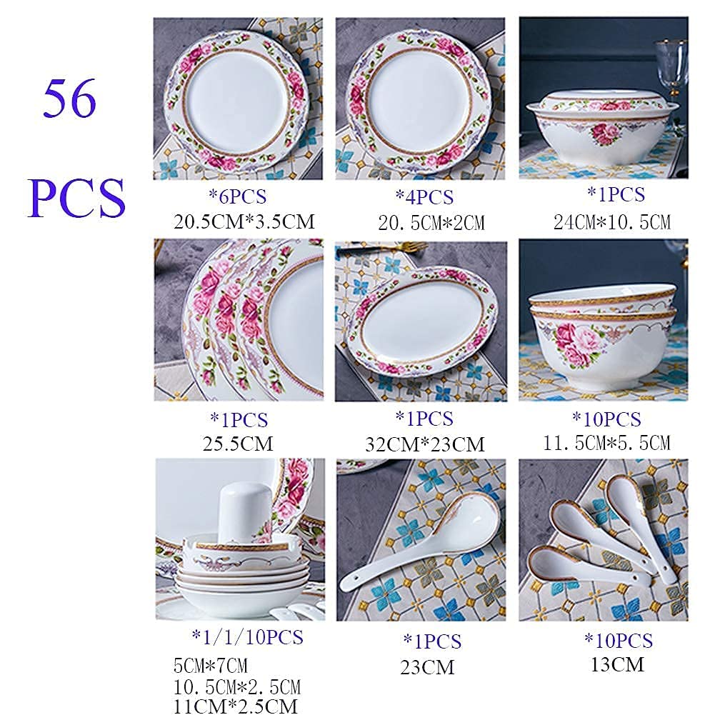 Geschirrset „Blumen“ Aus Knochenporzellan, Porzellangeschirr-Set (Teller/Schüsseln), Keramik-Essgeschirr-Sets, Feines Geschirr-Sets, Spülmaschinen- Und Mikrowellengeeignet, Mehrfarbig, 56-Teiliges Se