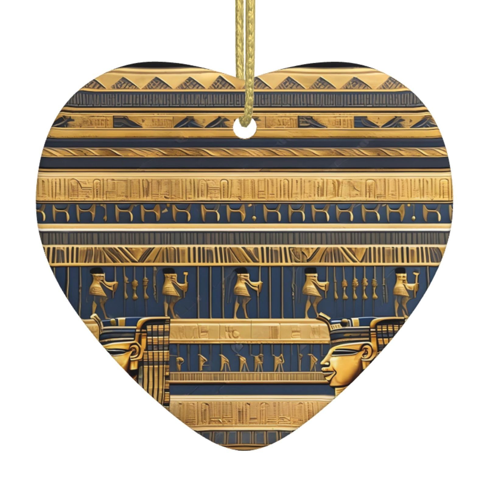 Egyptian Pharaonic Frescoes Ceramic Christmas Heart Pendant with Silk Thread, Christmas Tree Home Decoration