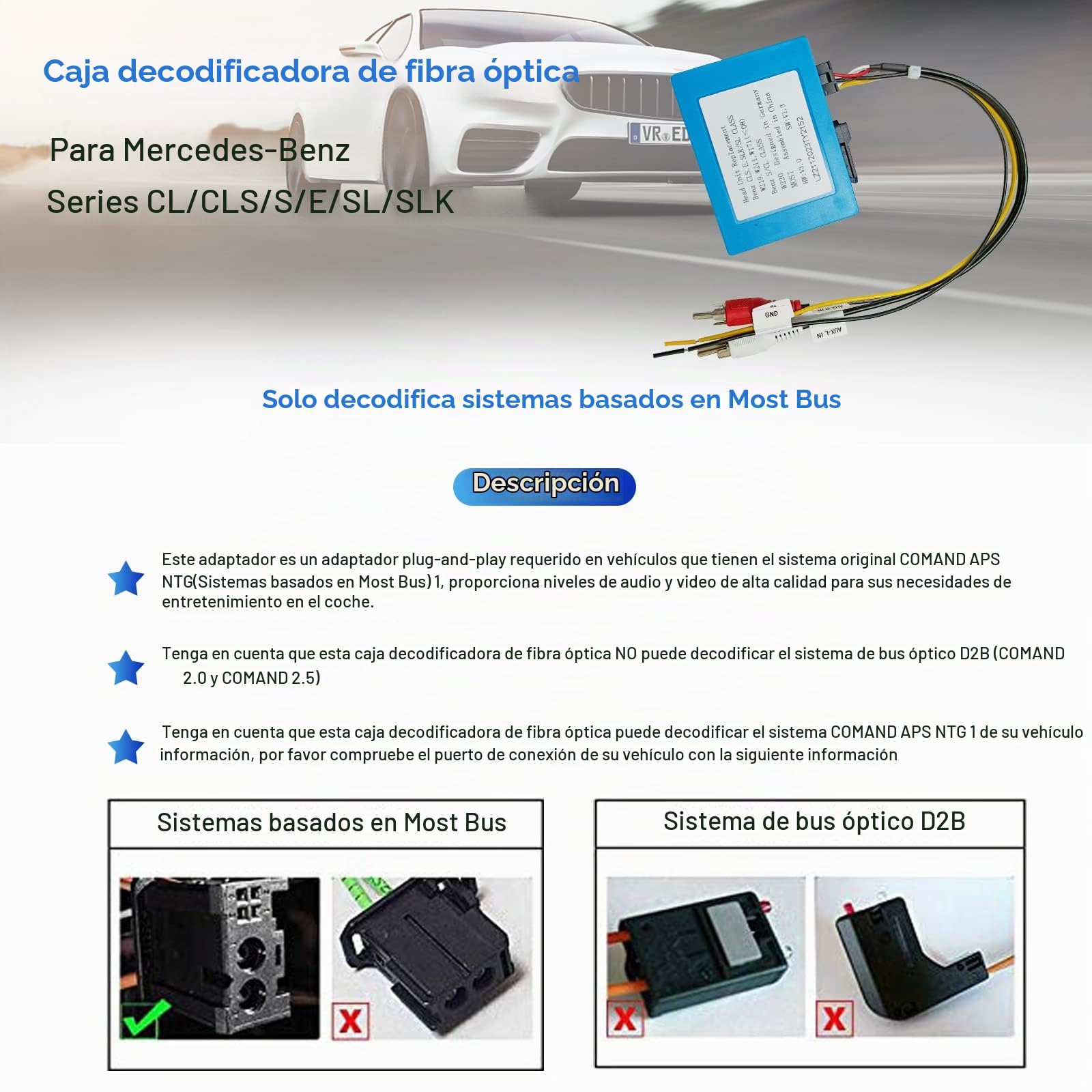 para Mercedes Benz Android AutoRadio Decodificador de Fibra óptica, la mayoría de Fibra óptica Decodificador para Car Stereo, para Mercedes Benz CLS SLK E S-Series (W211) (2003-2008 NTG2.0)