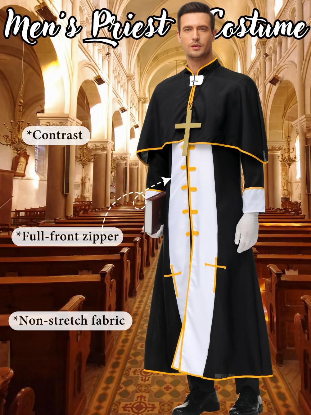 Mens 3 Pcs Priest Costume, Robe With Cape & Gloves & Cross, Cospaly Pastor Halloween Outfits - Image 4