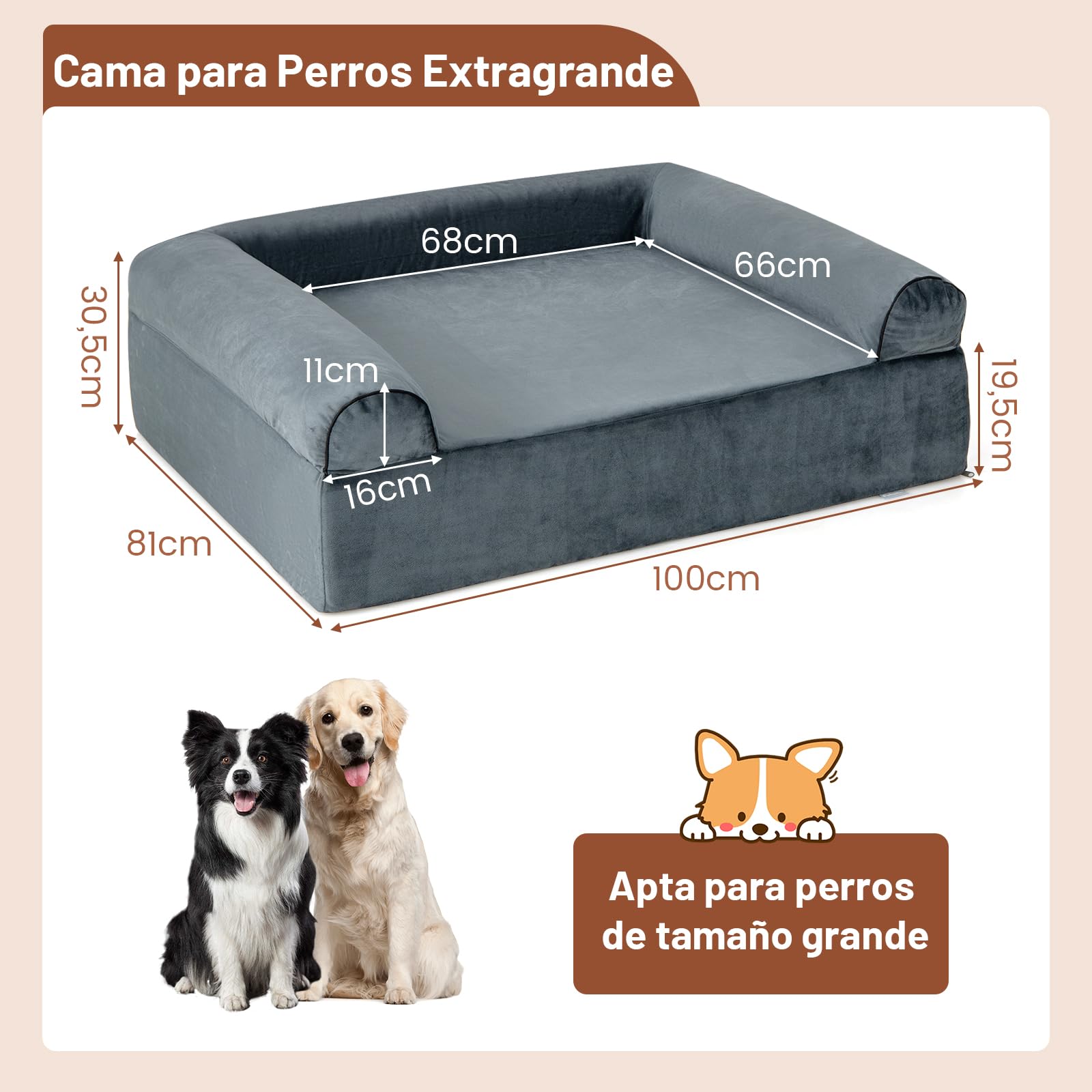 COSTWAY Cama Perro Grande, 100x81x30,5 cm, Cama Ortopédica para Perros con Espuma Viscoelástica y Reposacabezas, Base Antideslizante, Desenfundable y Lavable, Sofá Perro Desmontable, Mascotas, Gris