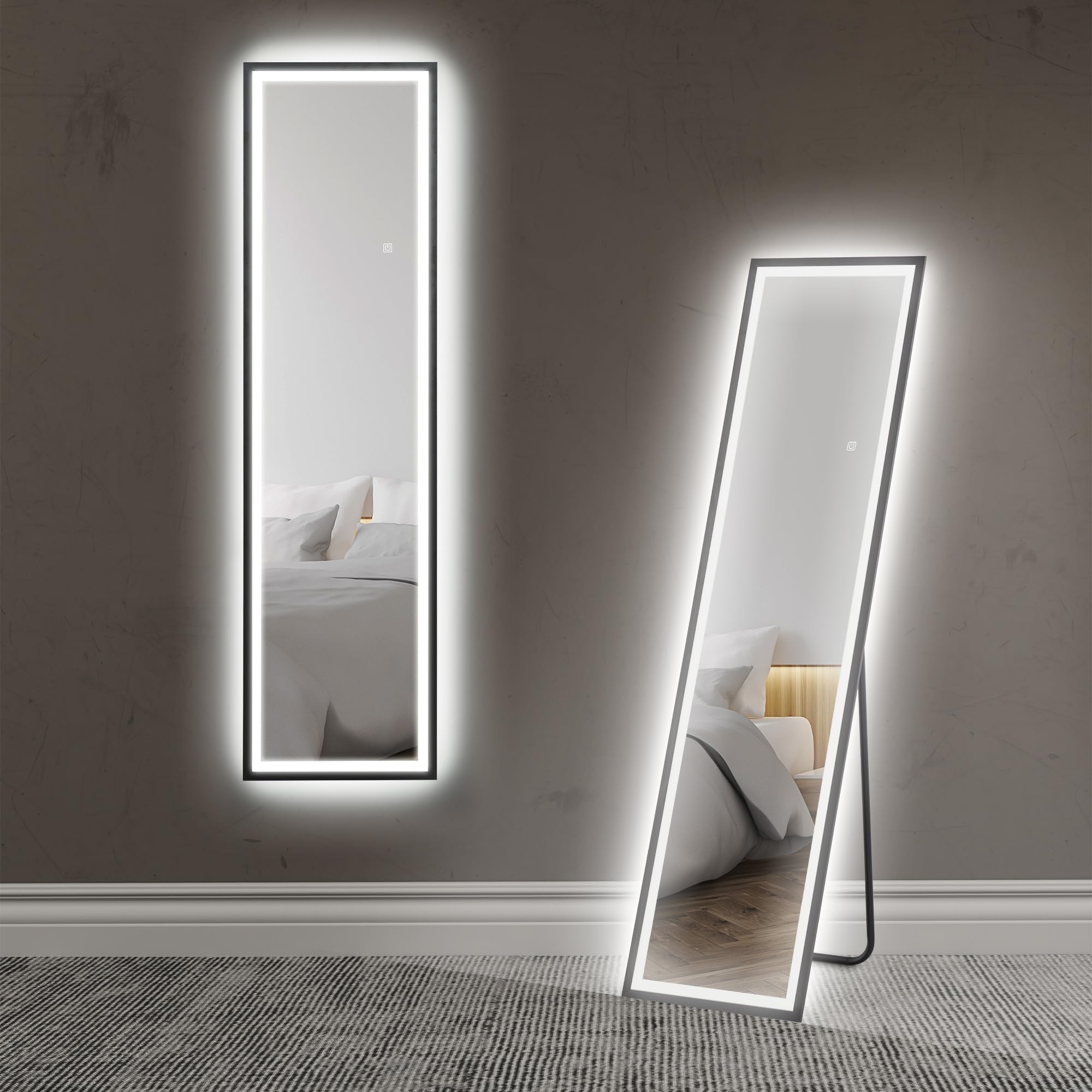 HOMCOM 150 X 40cm Full Length Mirror W/ Adjustable Lights Metal Frame Black  | TJ Hughes