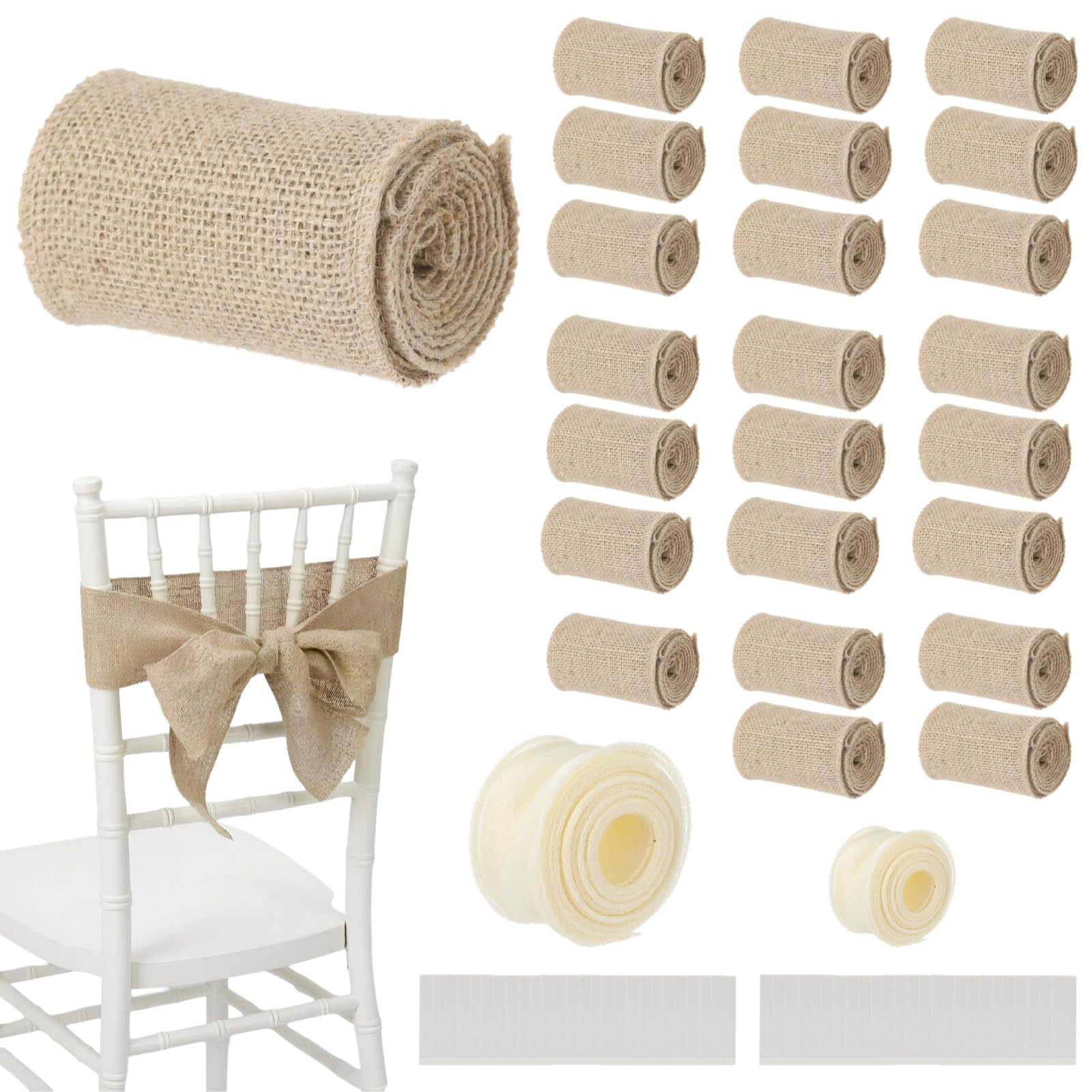 24 szt. jutowe skrzydła na krzesło, 9,9 cm x 2,4 m, kokardki jutowe z 2 wstążkami z gazy, rustykalne szarfy na krzesło weselne do dekoracji DIY, naturalny styl na imprezy, imprezy, bankiety i
