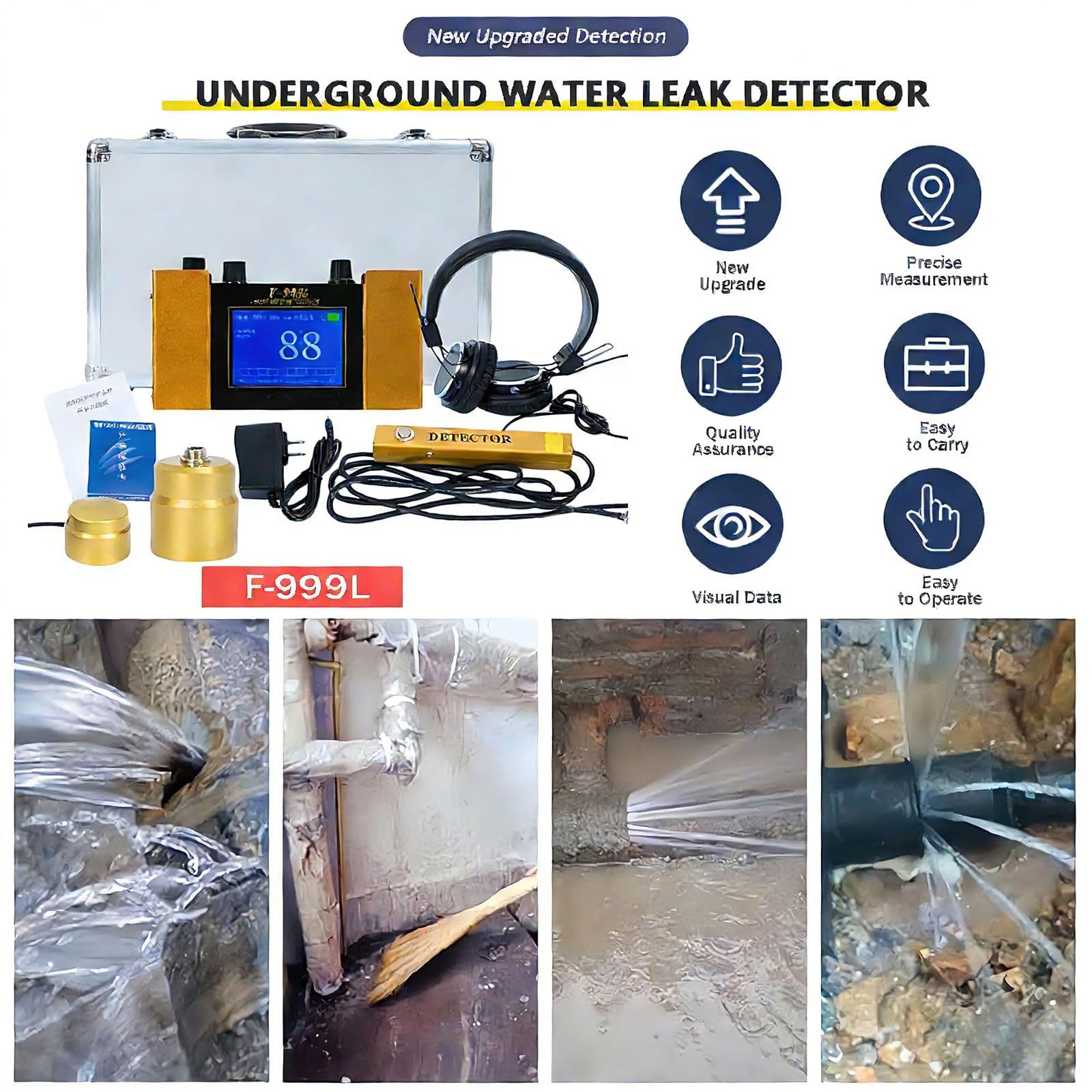 Rilevatore di perdite d'acqua con auricolare e frequenza regolabile per ispezione di tubi e impianti di riscaldamento