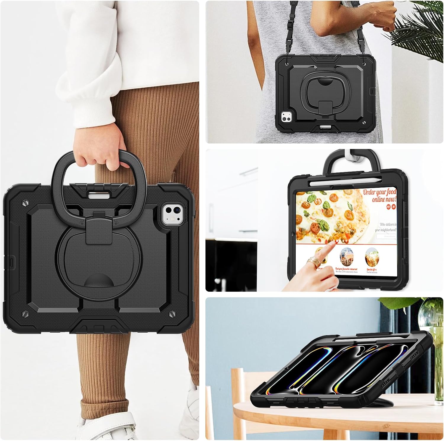 for iPad Pro 11 inch Protective Case M5 2025/M4 2024: Heavy Duty Shockproof Case with Pencil Holder - 360°Rotating Handle/Stand - Screen Protector - Shoulder Strap for iPad Pro 11 M5/M4, Black