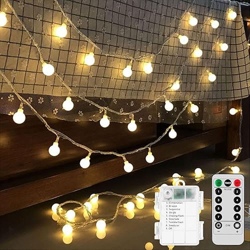 GHUSTAR Guirnalda de luces LED con pilas, 1 paquete de 60 luces LED de 26 pies, 8 modos, impermeables, con control remoto, para decoración del