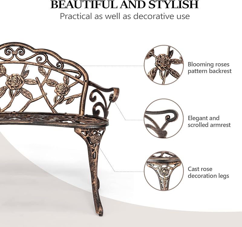 VINGLI 38.5" Patio Park Garden Outdoor Metal Rose Bench, 2-Person Cast Iron Cast Aluminium Frame Antique Finish Chair,Accented Lawn Front Porch Path Yard Decor Deck Furniture (Bronze, Rose) image 4