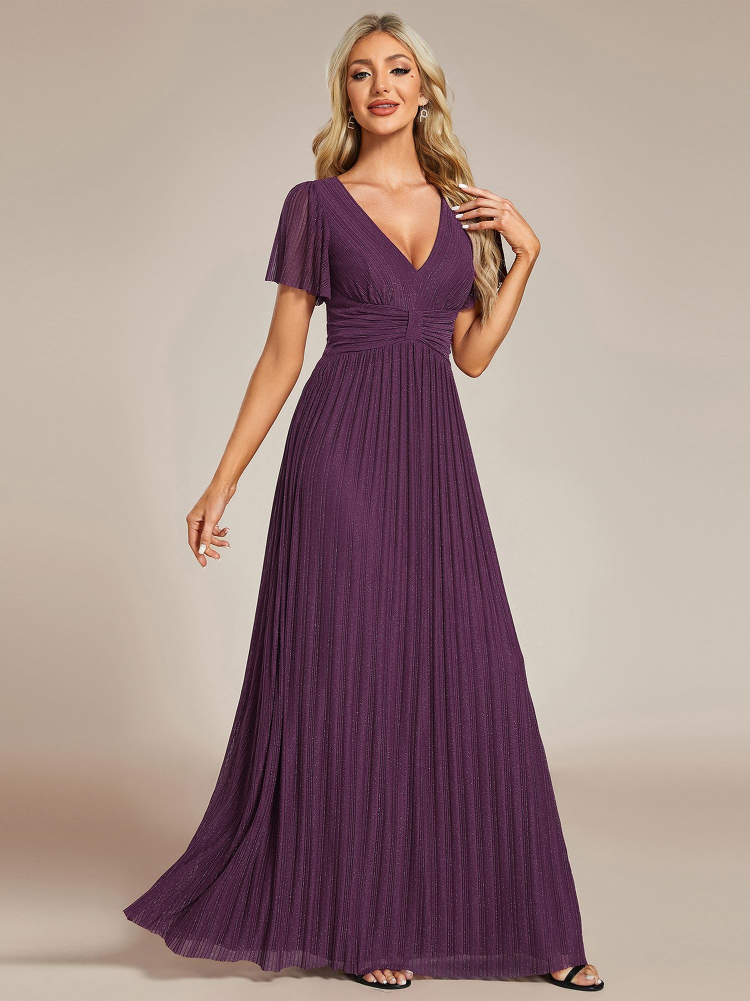 Ever-Pretty Abito da Sera Lungo per Donna, Maniche A Volant, Scintillante, Plissettato, Scollo A V, Vita Impero, Elegante EE11961-P