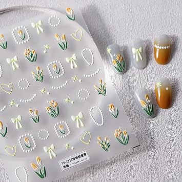 Flower Nail Stickers 5D Embossed Nail Art Stickers Decals Self-Adhesive Tulips Floral Bows Spring Summer Nail Art Design Decoration Accessories1, Tupis
