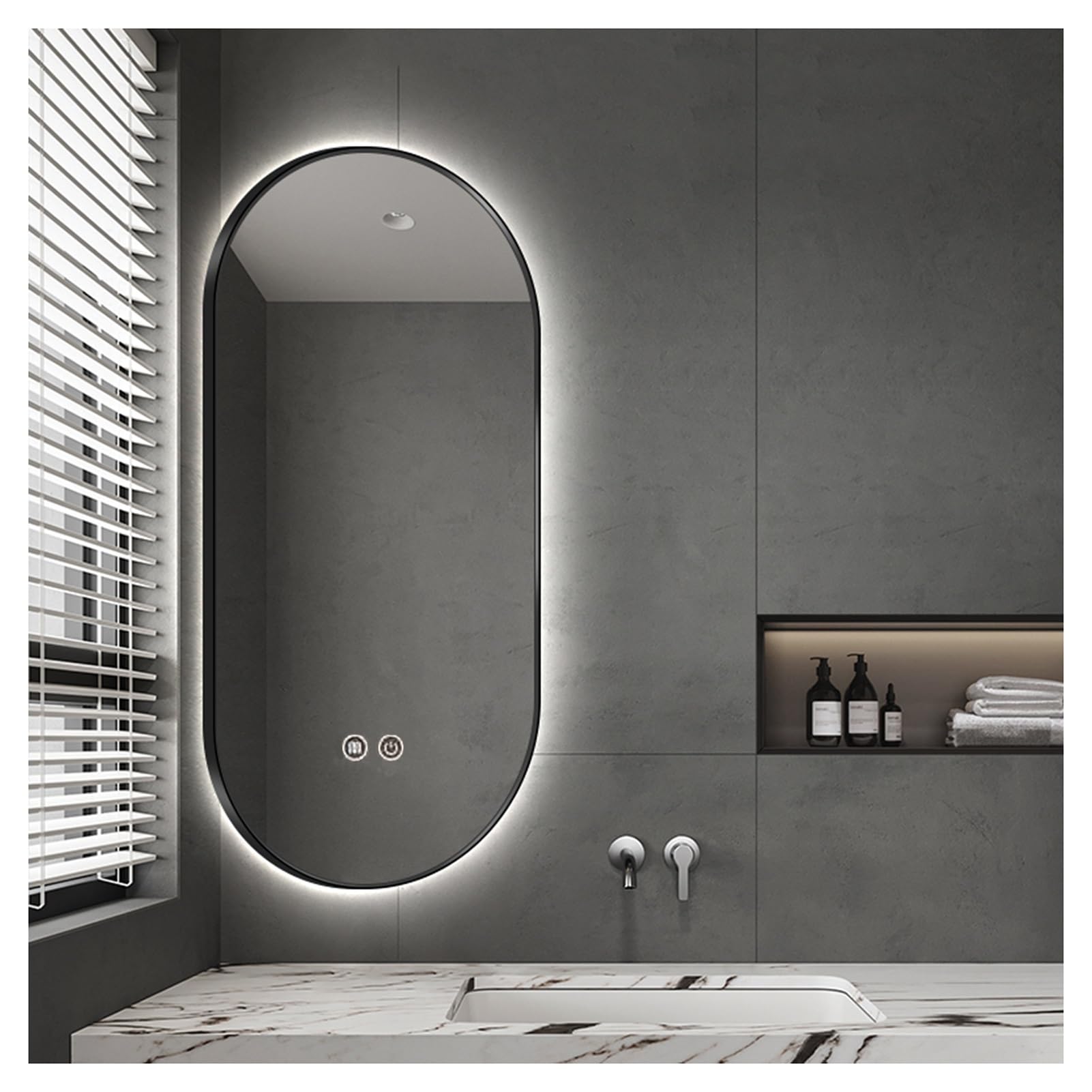 YCOVSFP Swivel Corner Mirror,Illuminated Oval Wall-Mounted Mirror,Bathroom Mirror with Aluminum Alloy Frame,Infinitely Dimmable in 3 Colors,for Home and Hotel(Black,60x100cm)