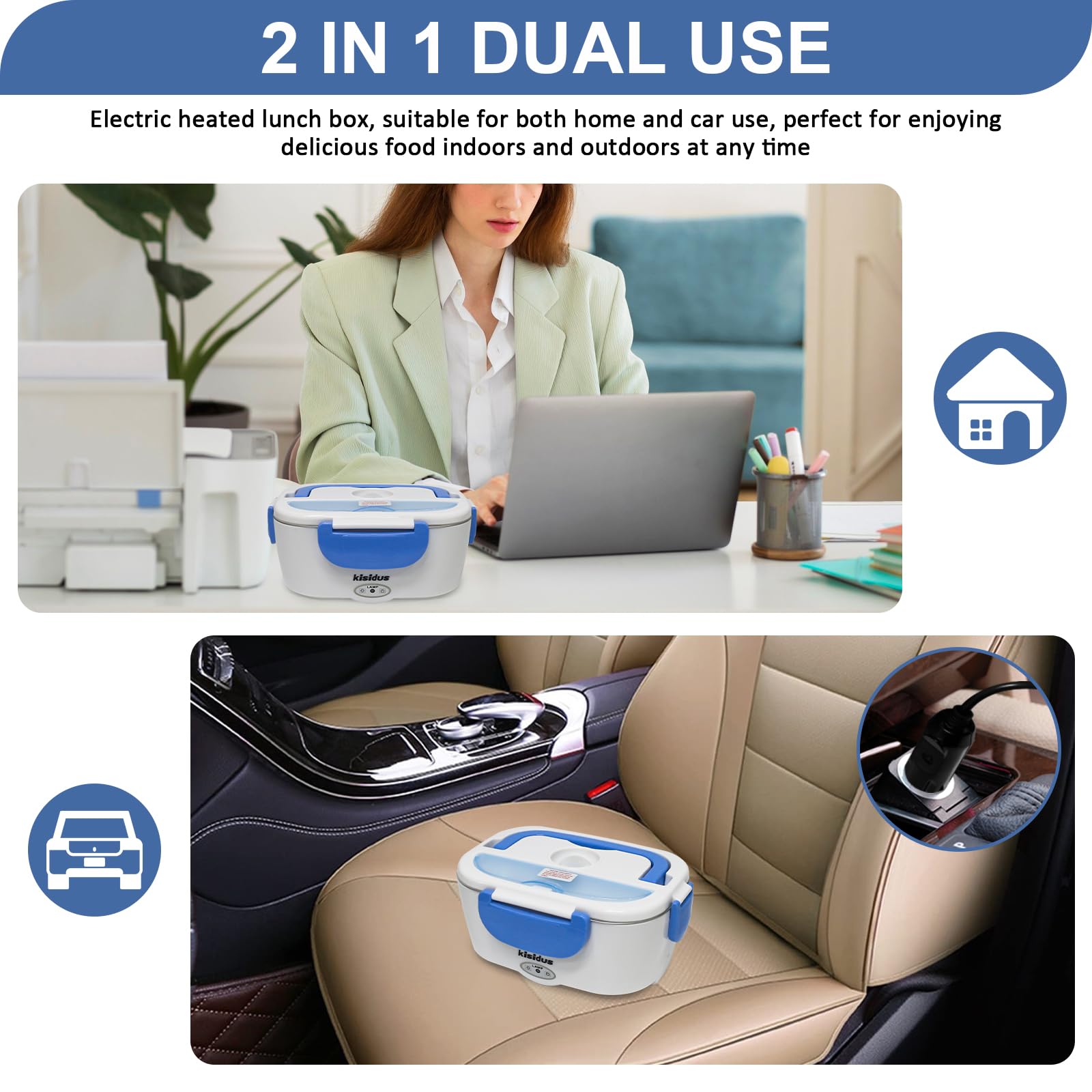 Fiambrera Electrica 3 en 1 60W,1.5L Calentador de Comida Electrico 12/24/220V para Coche/Camión y Trabajo Acero con Dos Compartimentos