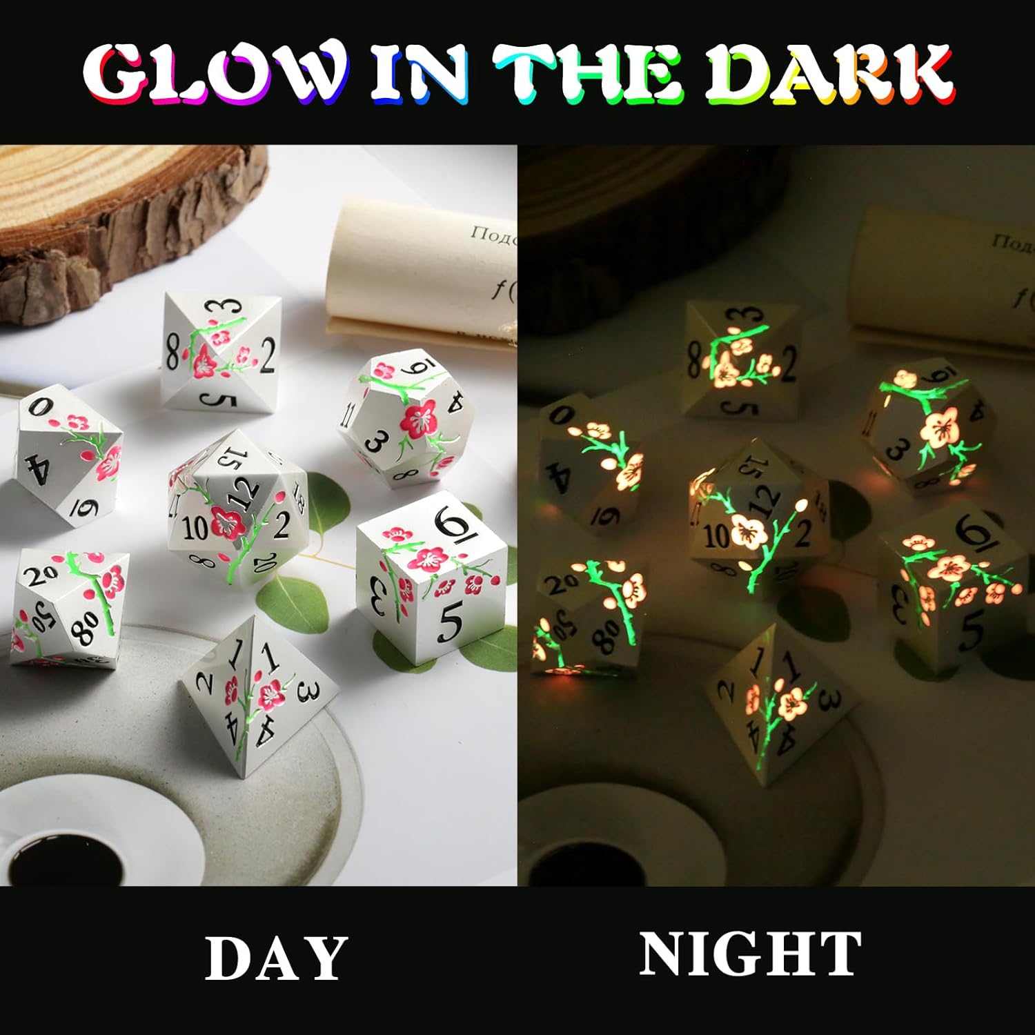 DNDND 7 PCS Glow in The Dark Metallic D&D Dice Set with Gorgeous Gift Case and DNDND Dragon Roulette Spinner Dice with Luxurious Box