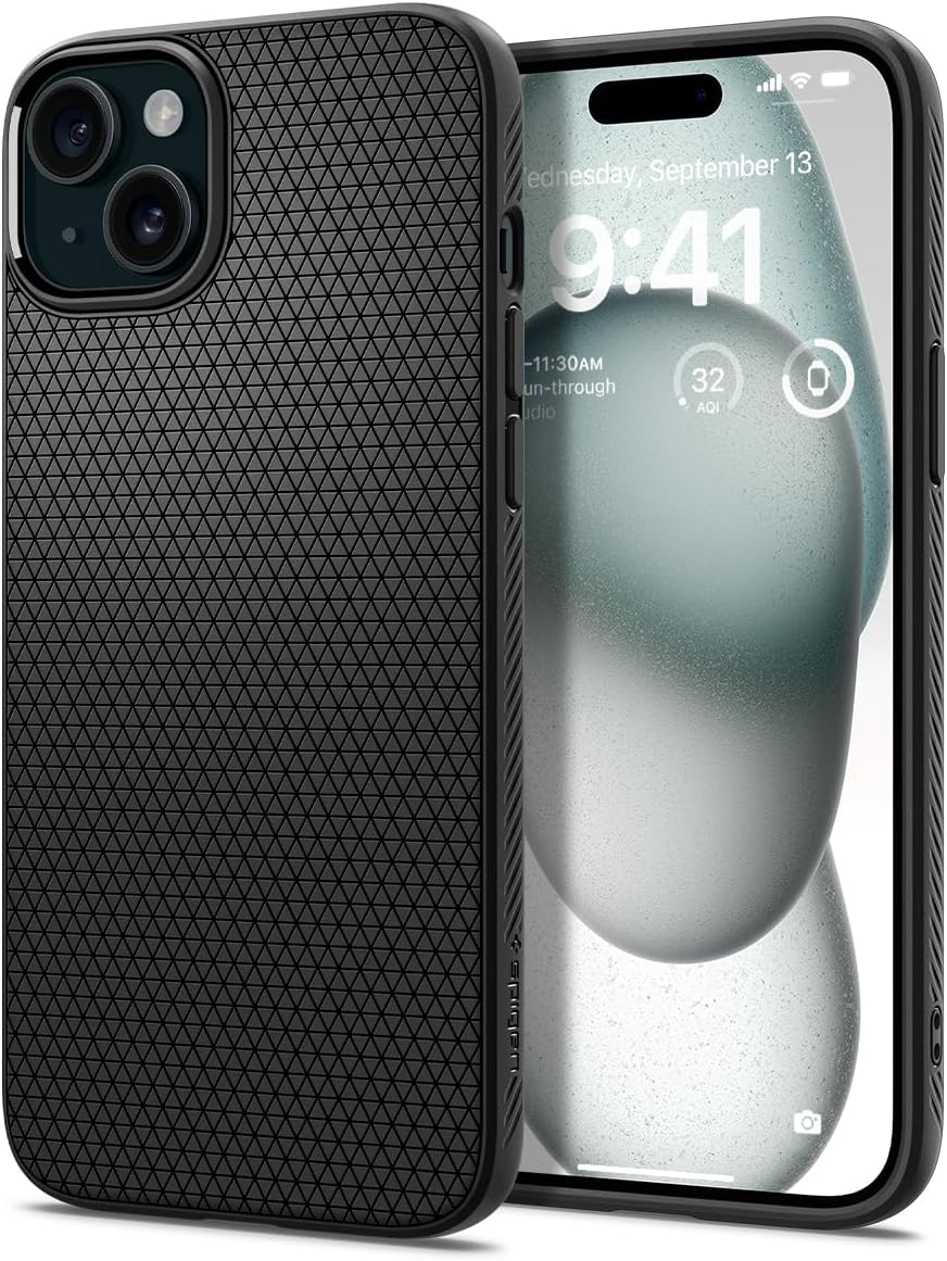 Spigen Liquid Air ACS06790 Case for iPhone 15, Shockproof, Thin, Strap Hole, Light, US Military Standard, 2-Layer, Lens Protection, Anti-Fingerprint/Scratch, Matte, Wireless Charging (Matte Black)