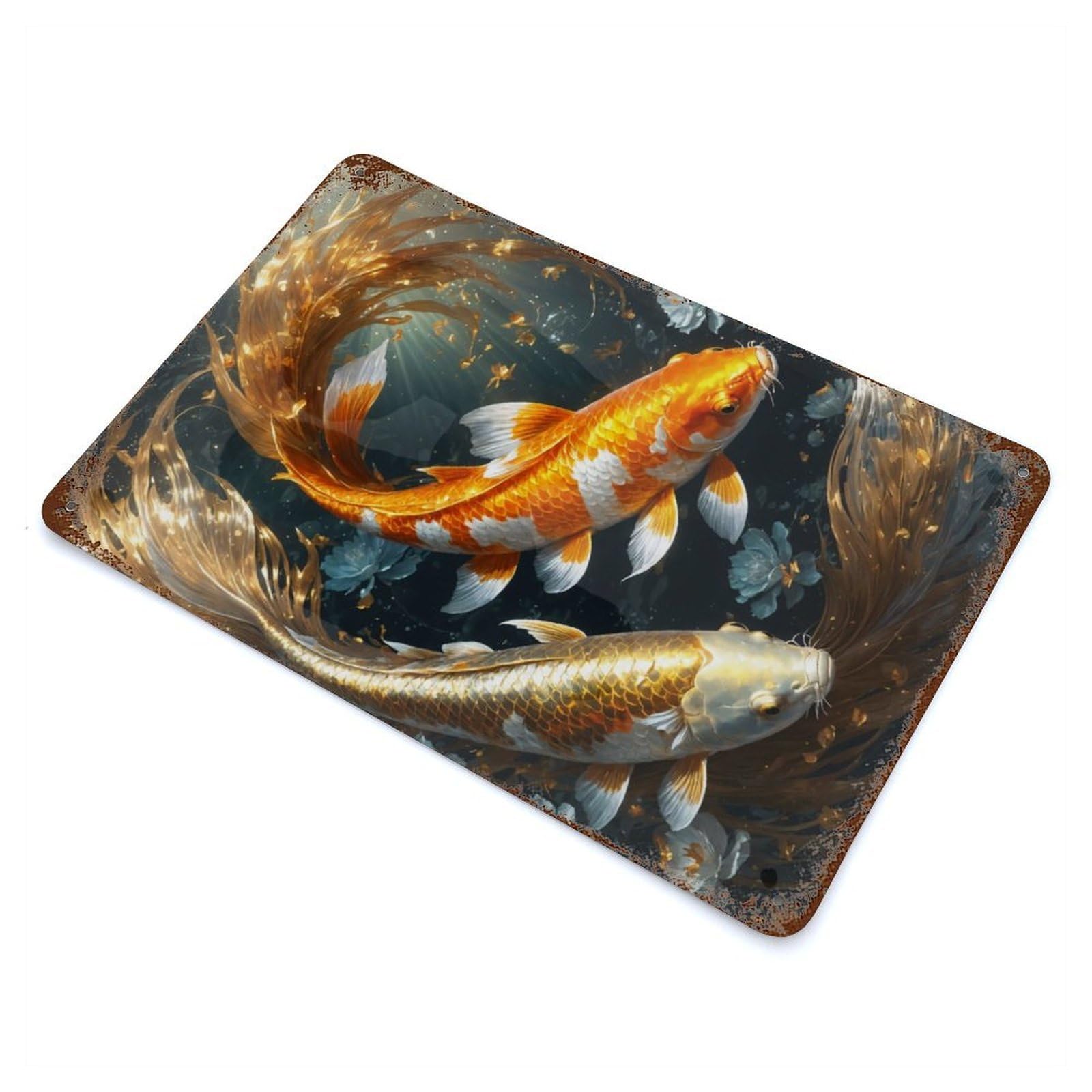 Two Fish in Harmony Rusty Metal Tin Sign 11.8"x7.9", Shabby Chic Decor for Garage, Bar And Workshop Decor