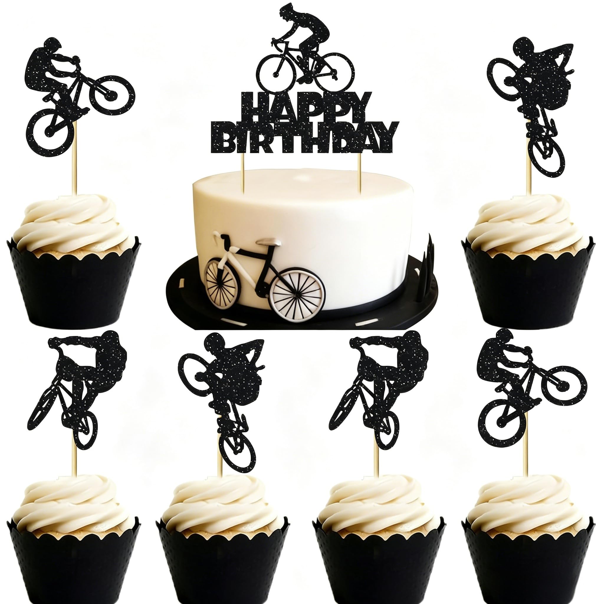 13pcs Black Glitter Bicycle Bike Dessert Cupcake Topper Biking Mountain Sport Theme Decor Supplies Baby Shower Boys Girls Man Family Party Decorations (style-2)