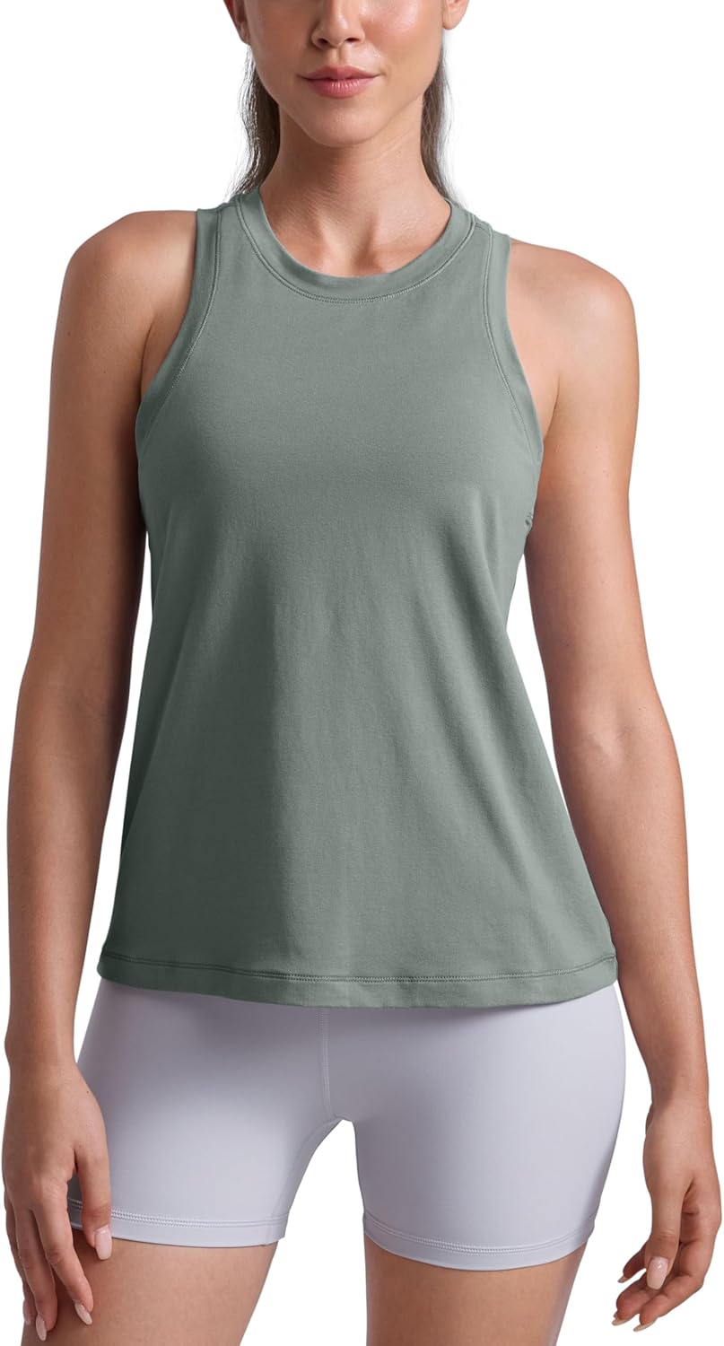 CRZ YOGA Cotton-Blend Workout Racerback Tank for Women Athletic High Neck Breathable Tops Casual Basic Sleeveless Shirts