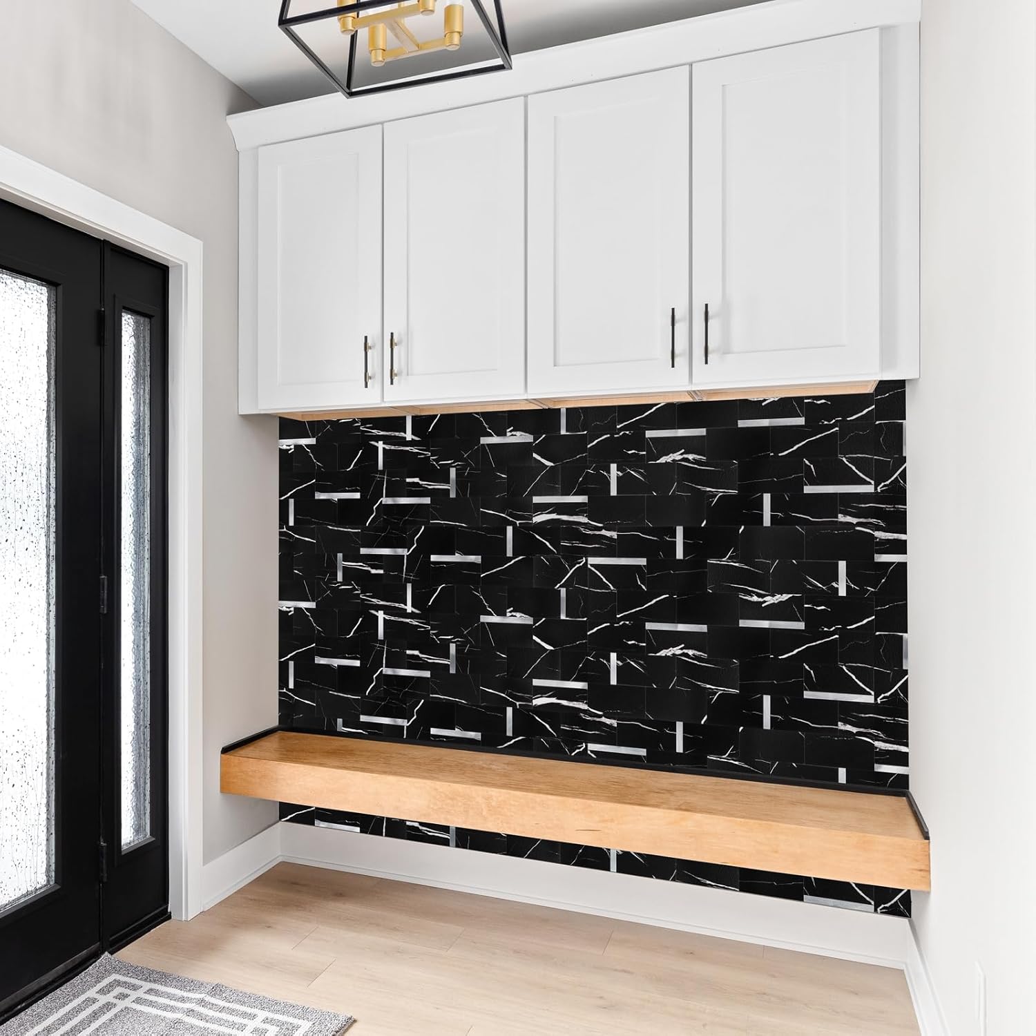 10 Sheets Luxury Peel and Stick Backsplash for Kitchen Tiles, Black Marble Mixed Metal Silver Stick on Backsplash Subway Wall Tiles for Bathroom, Laundry Room