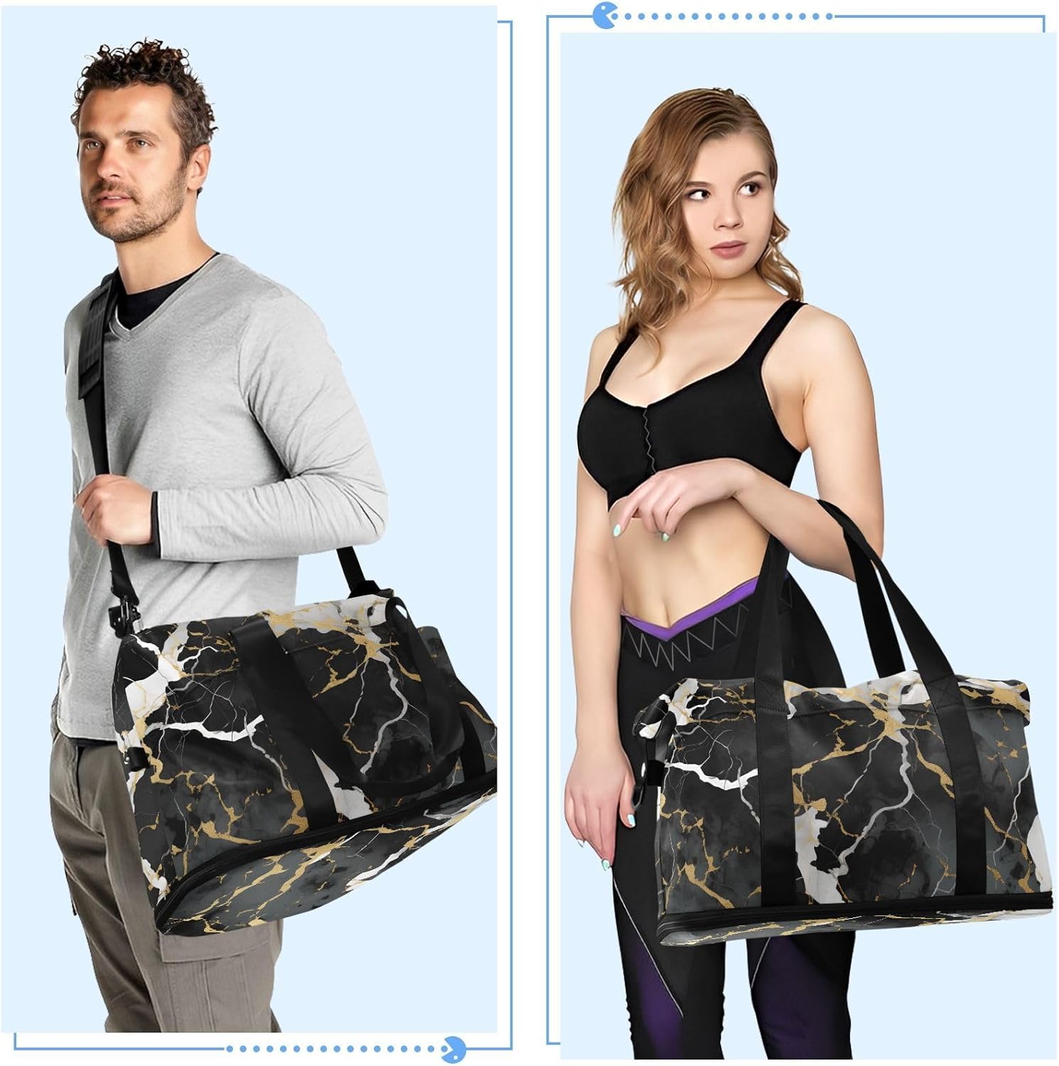 Travel Duffel Tote Luxury Grey Marble Sports Bag With Wet Pocket - Weekender Overnight for Women Men Gym, Carry On, Hospital for Labor and Delivery