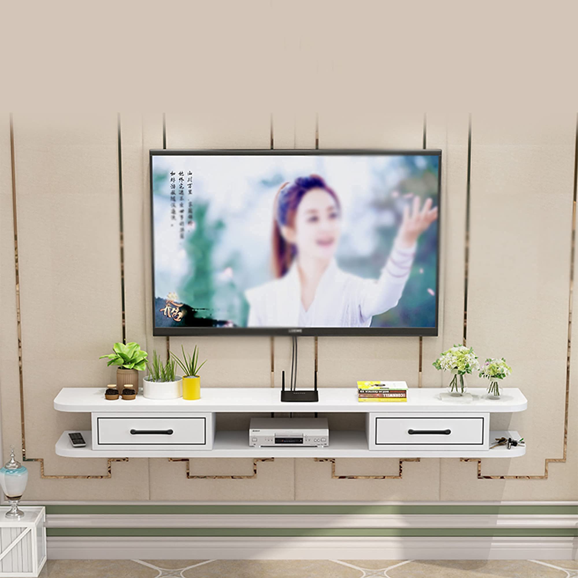 Gabinete de Soporte de TV Unidades de Pared de TV para Sala de Estar Soporte de TV Gabinete de Pared Consola de Medios con 3 almacenamientos para Centro de Entretenimiento de Sala de Estar/a