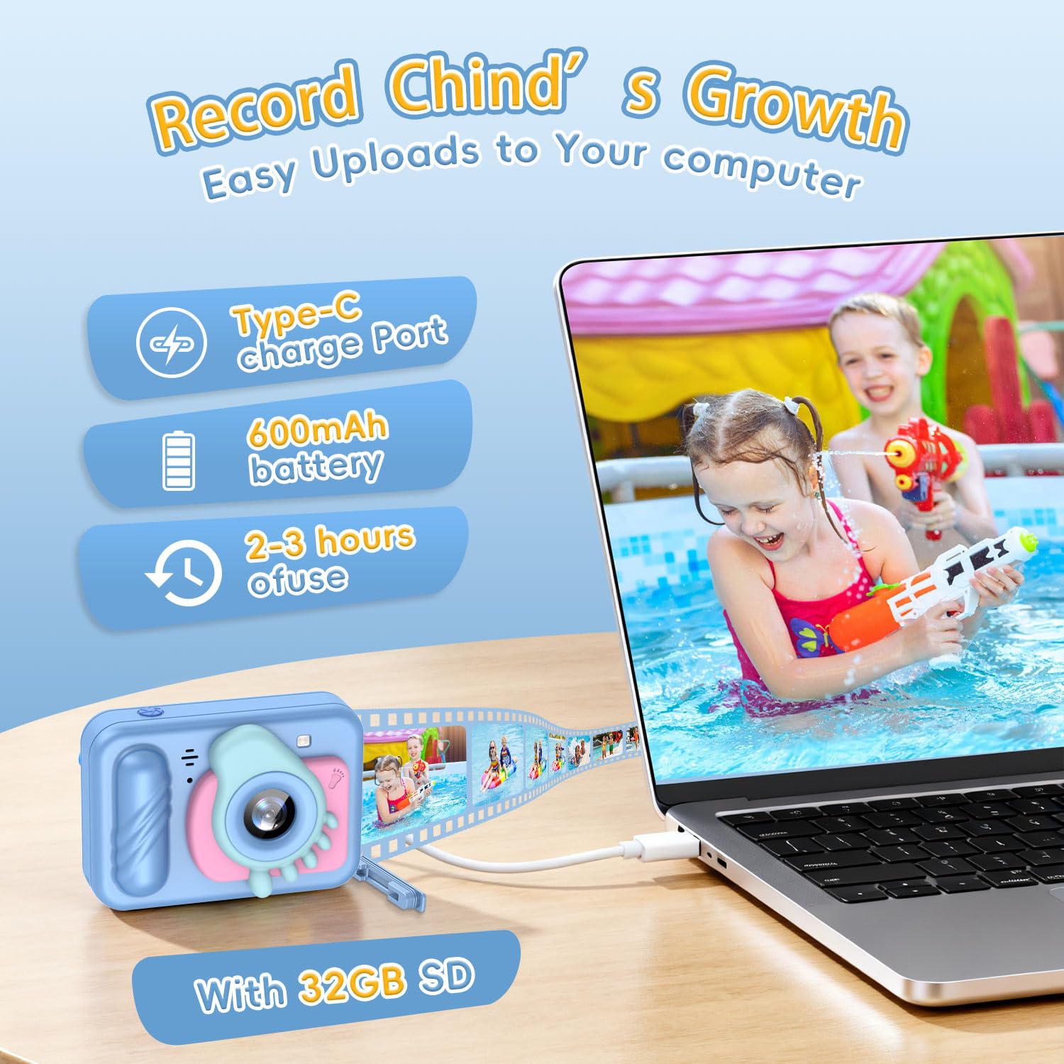 Caméra sous-marine étanche pour enfants, appareil photo numérique HD pour tout-petits avec enregistrement vidéo 1080p, cadeau d'anniversaire idéal pour garçons et filles de 3 à 12 ans avec carte de 32
