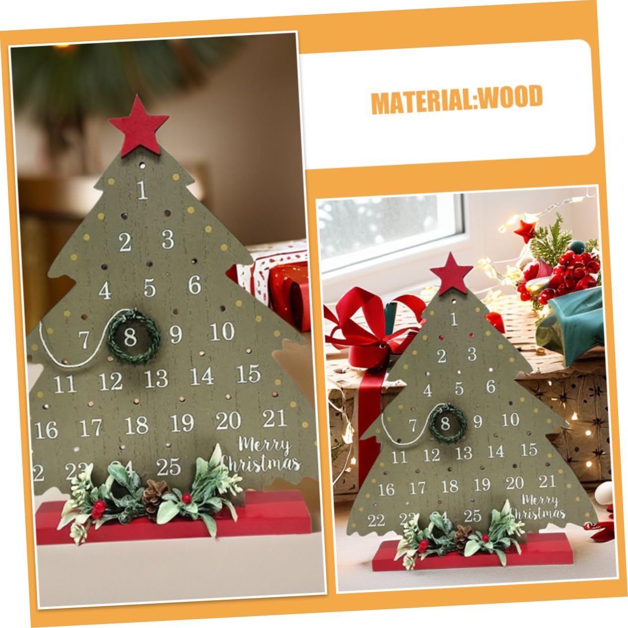 Toyvian Calendario Avvento Natale in Legno con Decorazione Albero Rustico da Tavolo Segnale Conto alla Rovescia Festivo per Casa Ufficio e Negozi Ornamento Natalizio Multiuso