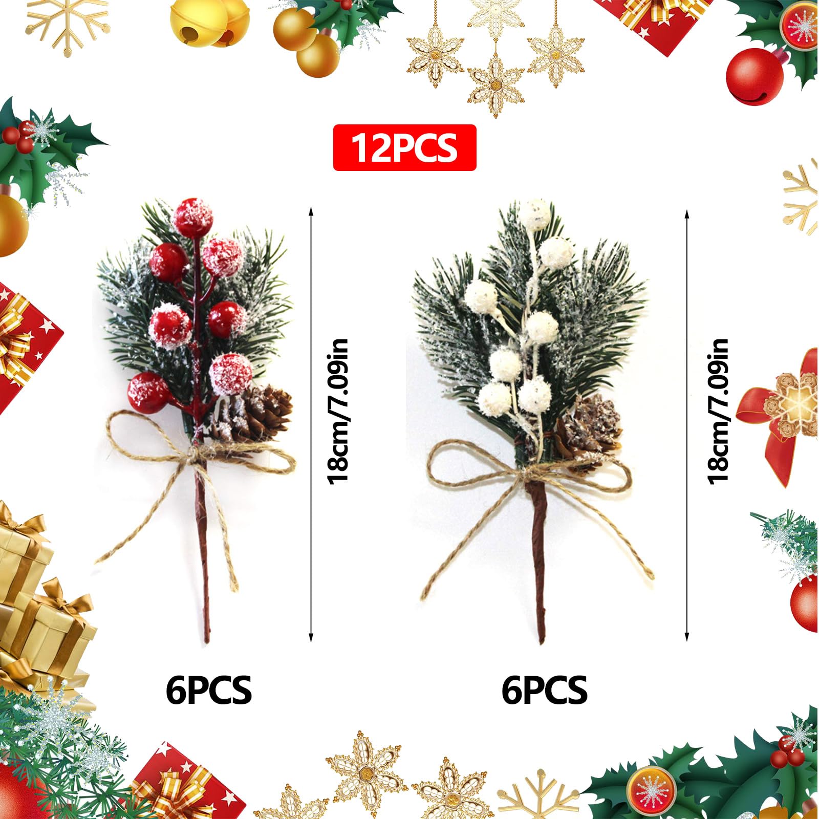 Pack of 12 Artificial Christmas Berries Fir Branches Christmas Berry Stems Christmas Berry Stems Holly Stems for Christmas Tree DIY Wreath Craft Winter Holiday Decoration (6 Red + 6 White)