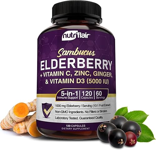 NutriFlair Sambucus Saúco, 120 cápsulas vegetarianas Apoyo inmunológico 5 en 1 y suplemento antioxidante con vitamina C, vitamina D3 5000 UI, zinc,