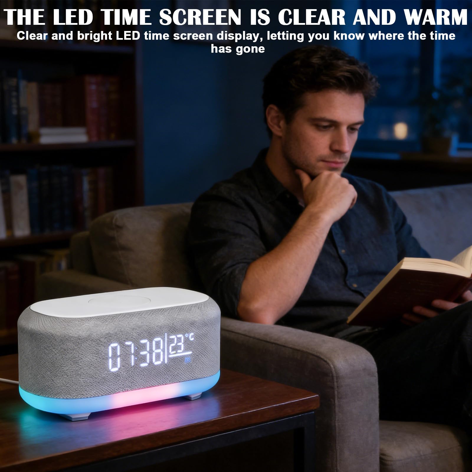 Radiosveglia Digitale con Stazione di Ricarica Wireless 15W, Sveglia Bluetooth, Luce Notturna 9 Colori, Caricatore USB