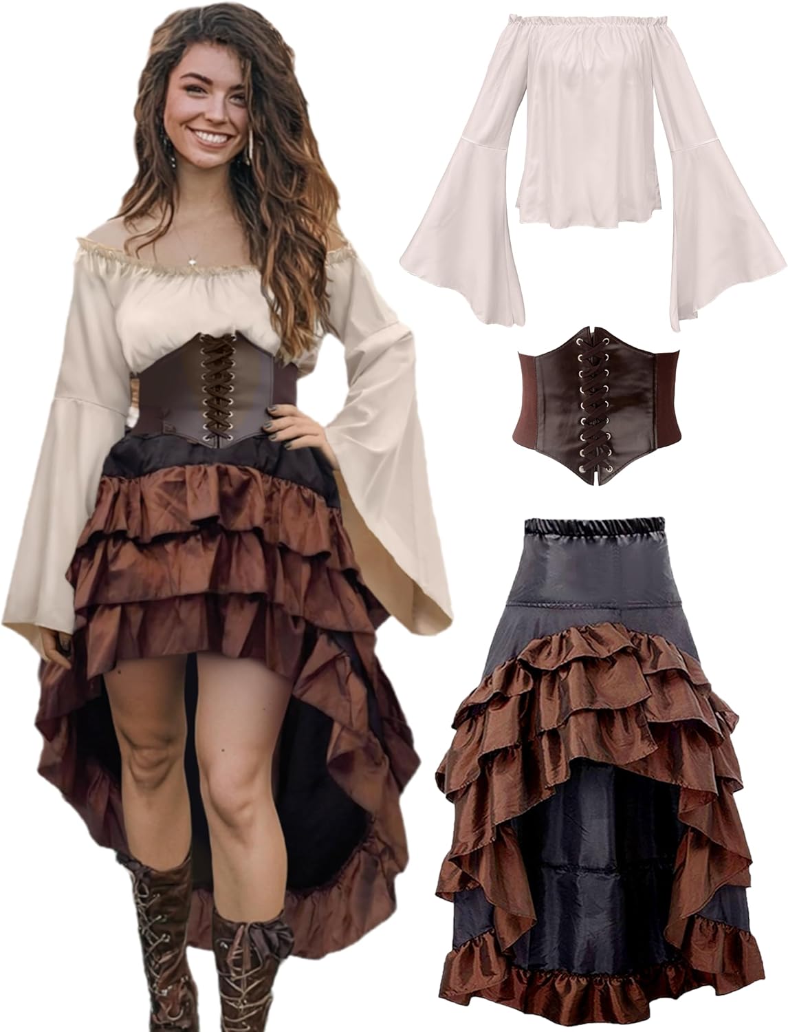 Verceco Pirate Costume Women Outfit with Renaissance Pirate Shirt Skirt Corset Waist Belt Womens Halloween Pirate Costumes (Beige+Brown, L)