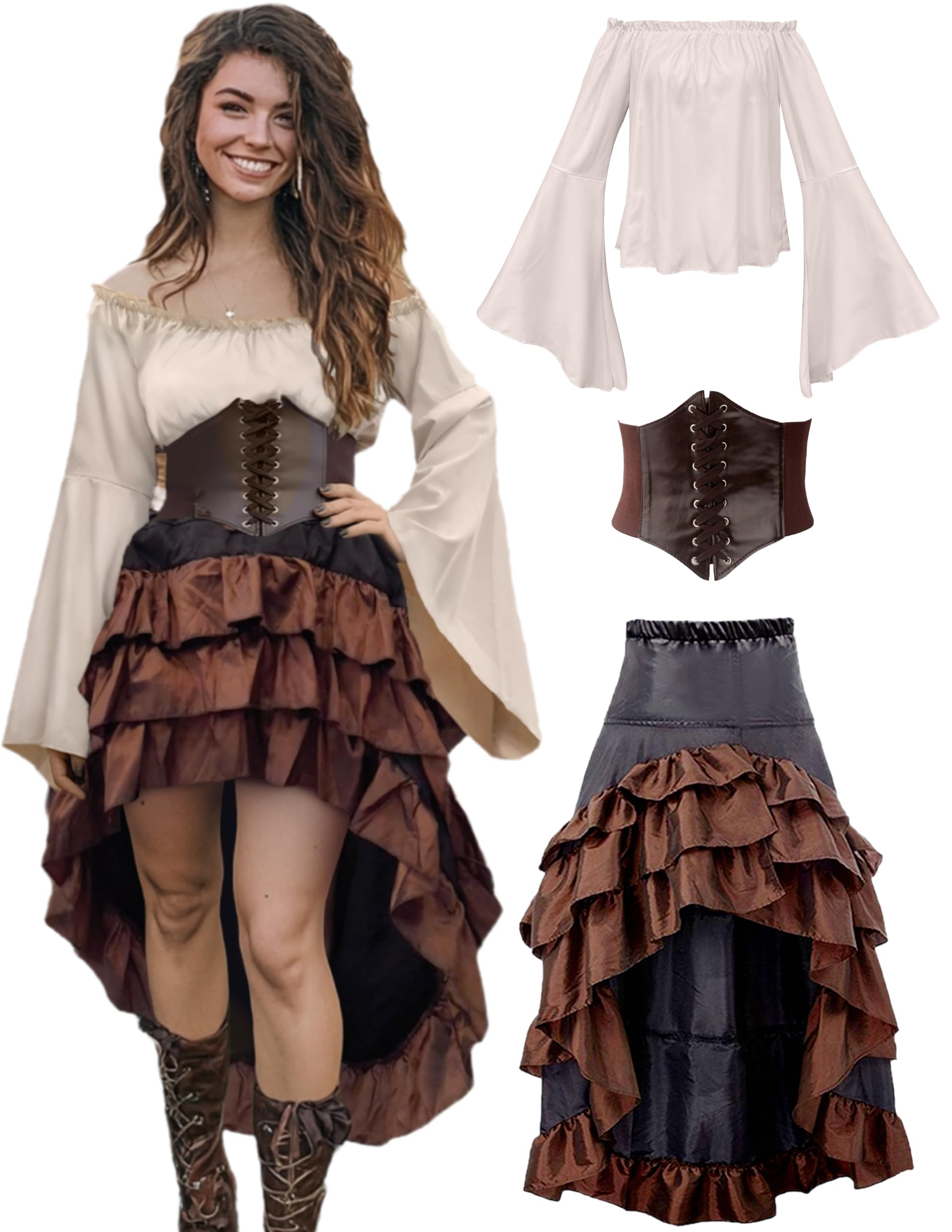 Women's Renaissance Pirate Wench Costume with Corset, Skirt & Blouse