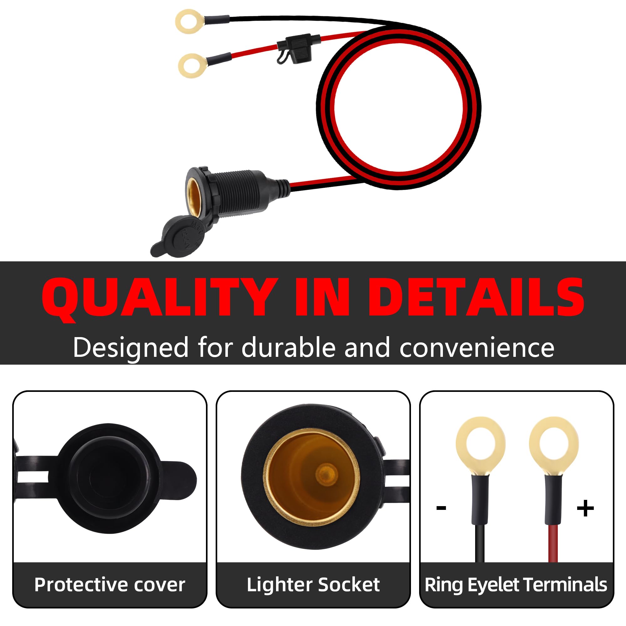 GELRHONR Sigarettenaansteker voor in de auto, mannelijk naar O-ring, oogjes, aansluitkabel met AAN-UIT-schakelaar, 12V-24V 16AWG auto- sigarettenaansteker, verlengsnoer met 15A-zekering, voor