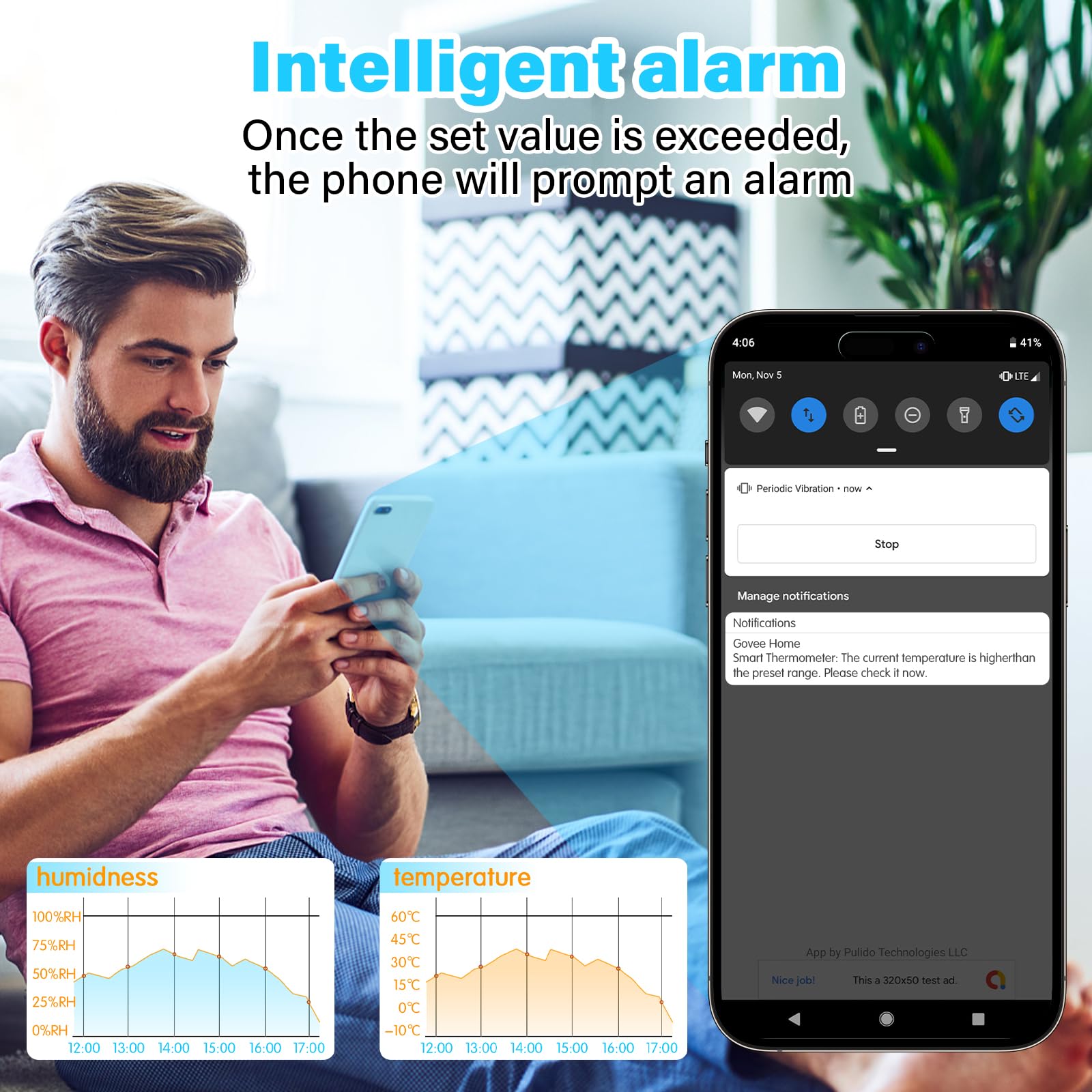 Thermomètre Wifi Intérieur Hygromètre Connecté Alarme Intelligente, Commande Vocale, Utilisé avec l'application Smart Life/Tuya, Compatible avec Amazon Alexa, Google Home, 4 pièces