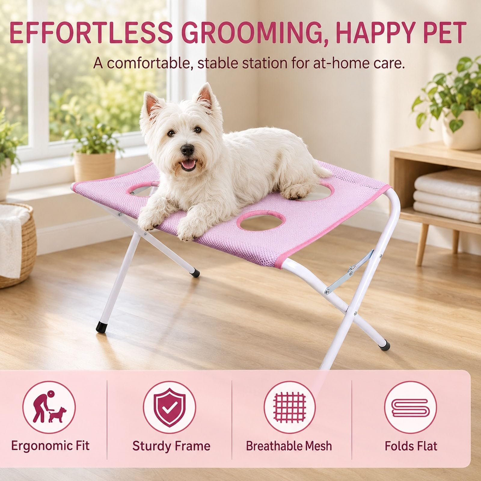 Table de Bain pour Chien Pliable, Station de Toilettage pour Animaux | Avec Surface En Filet Et Sangle De Sécurité, Support De Lavage Portable Pour Petits Et Moyens Chiens Et Chats(Pink)