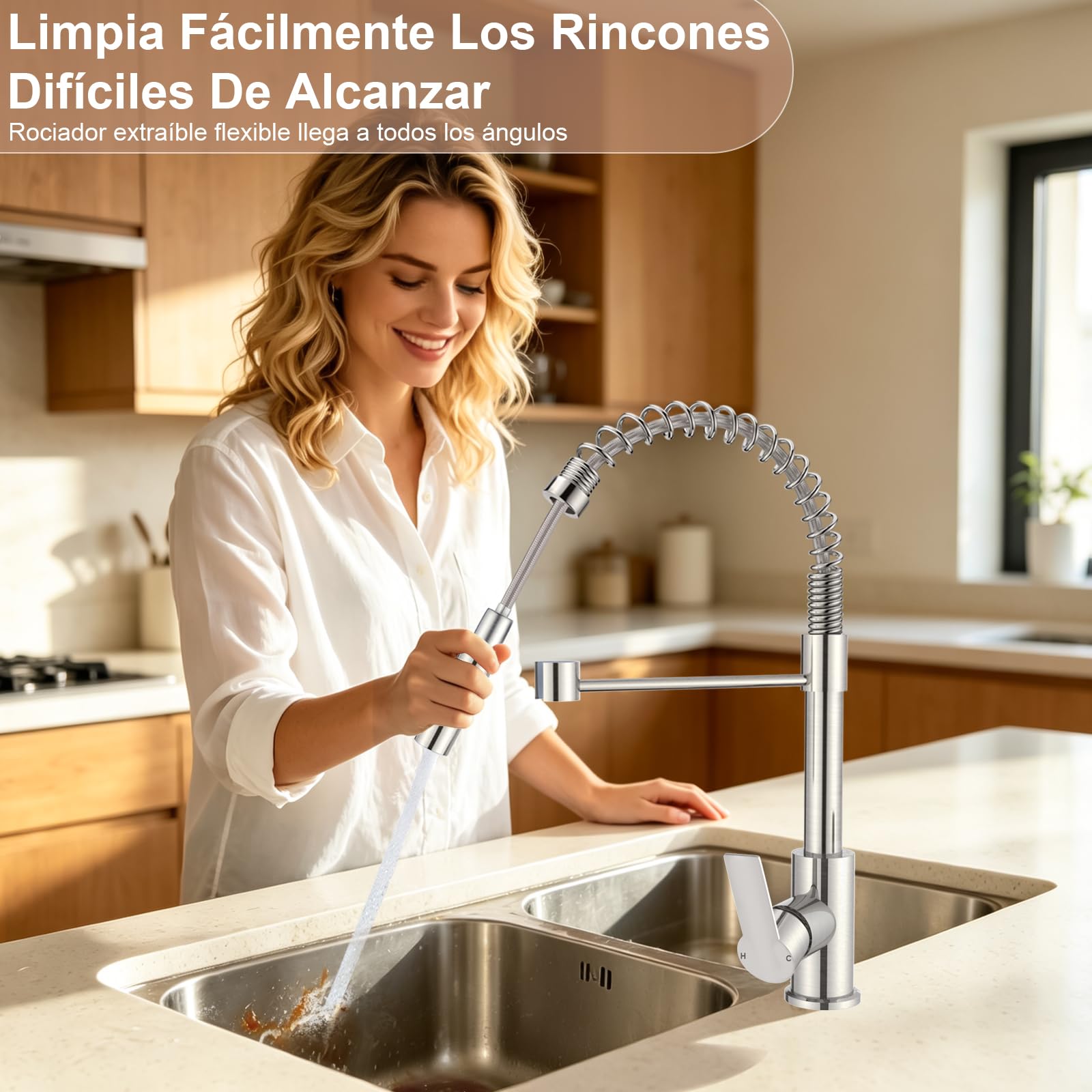 Grifo Cocina, Moderno Grifo Cocina Extraible con Ducha de 2 Modos y 360° Giratorio, Caño Alto para Grifos Cocina Fregadero, Mezclador Monomando, Acero Inoxidable Cepillado