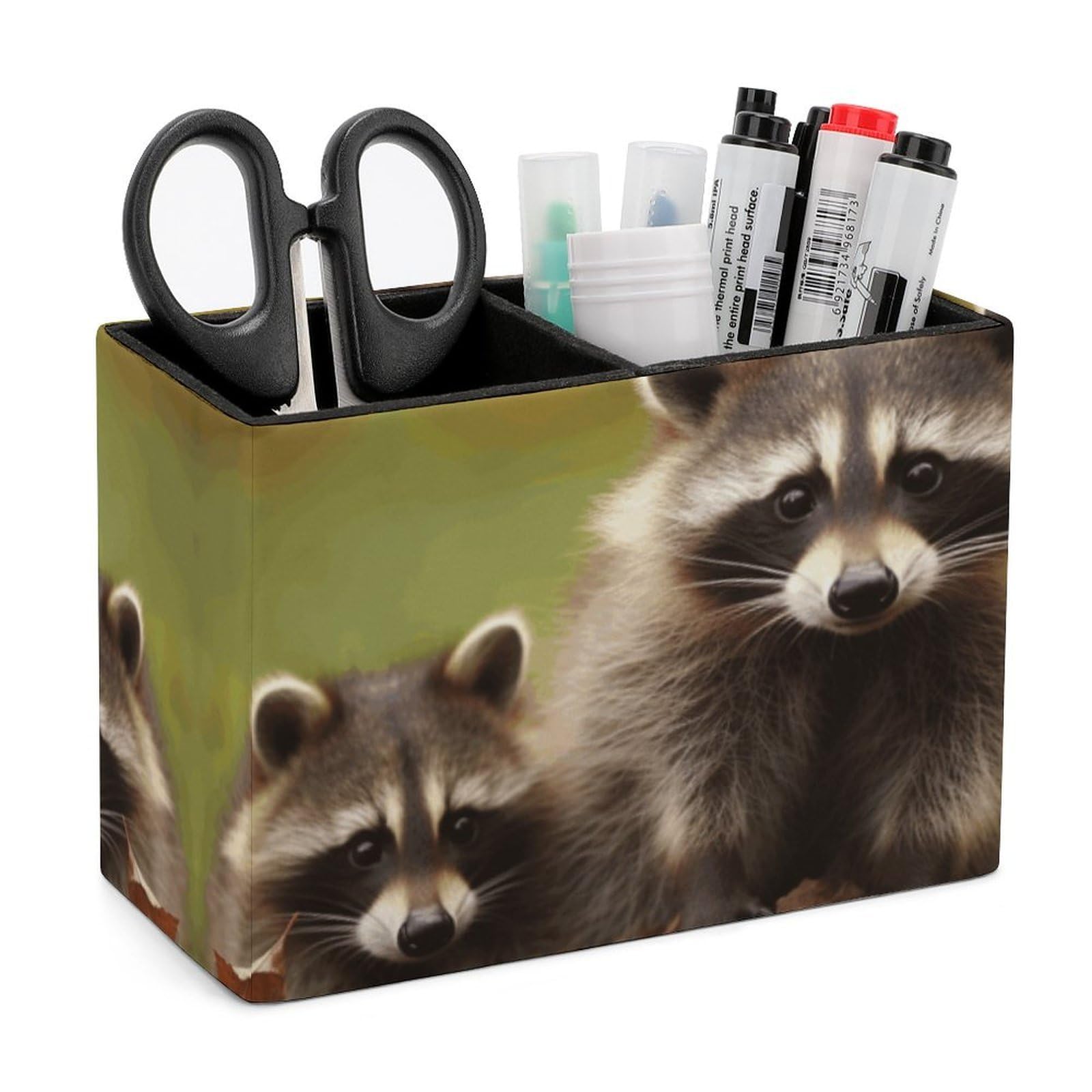 LZQPOEAS Exquisite Patterns PU Leather Pen Holder, Multifunctional Desktop Organizer Caddy with 2 Compartments, Raccoon Pencil Cup Makeup Brush Holder for Office Home