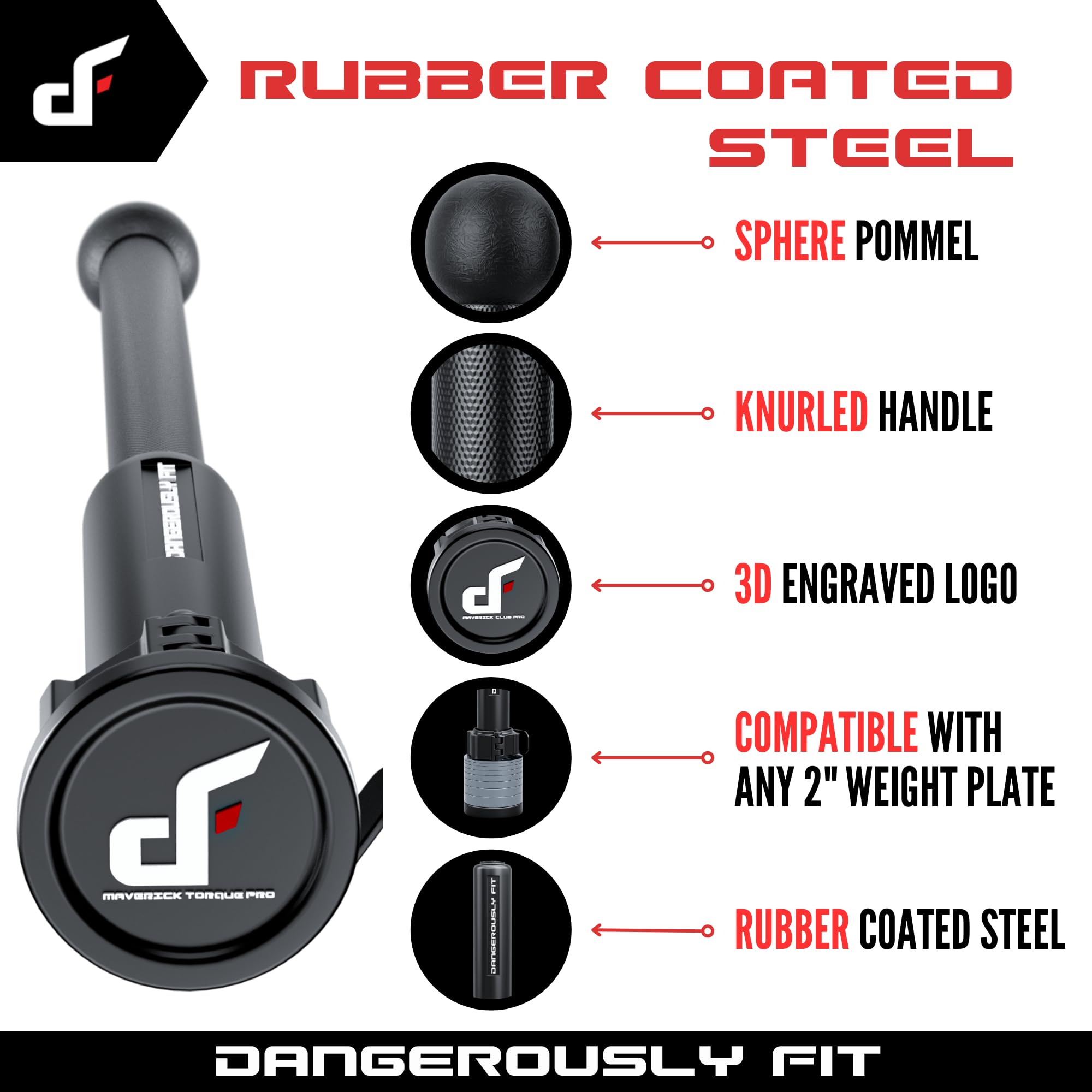 Maverick Torque Pro – verstellbarer langer Stahlschläger – kurzer Streitkolben – gummierte Schlägerglocke – Krafttrainingsgerät für Ganzkörpertraining, Heim- und Fitness-Studio