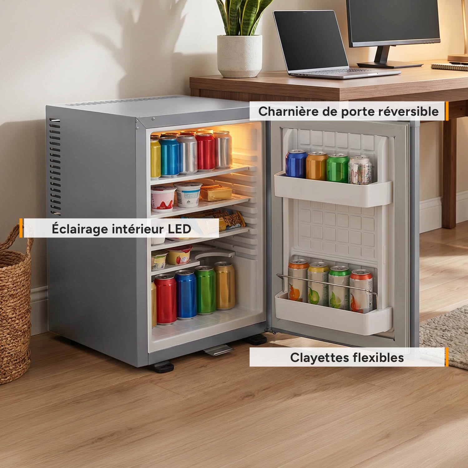 TZS First Austria - Silent 40L mini fridge - Small mini fridge with reversible door and interior light - Minibar for camping, office, bedroom & hotel - Grey