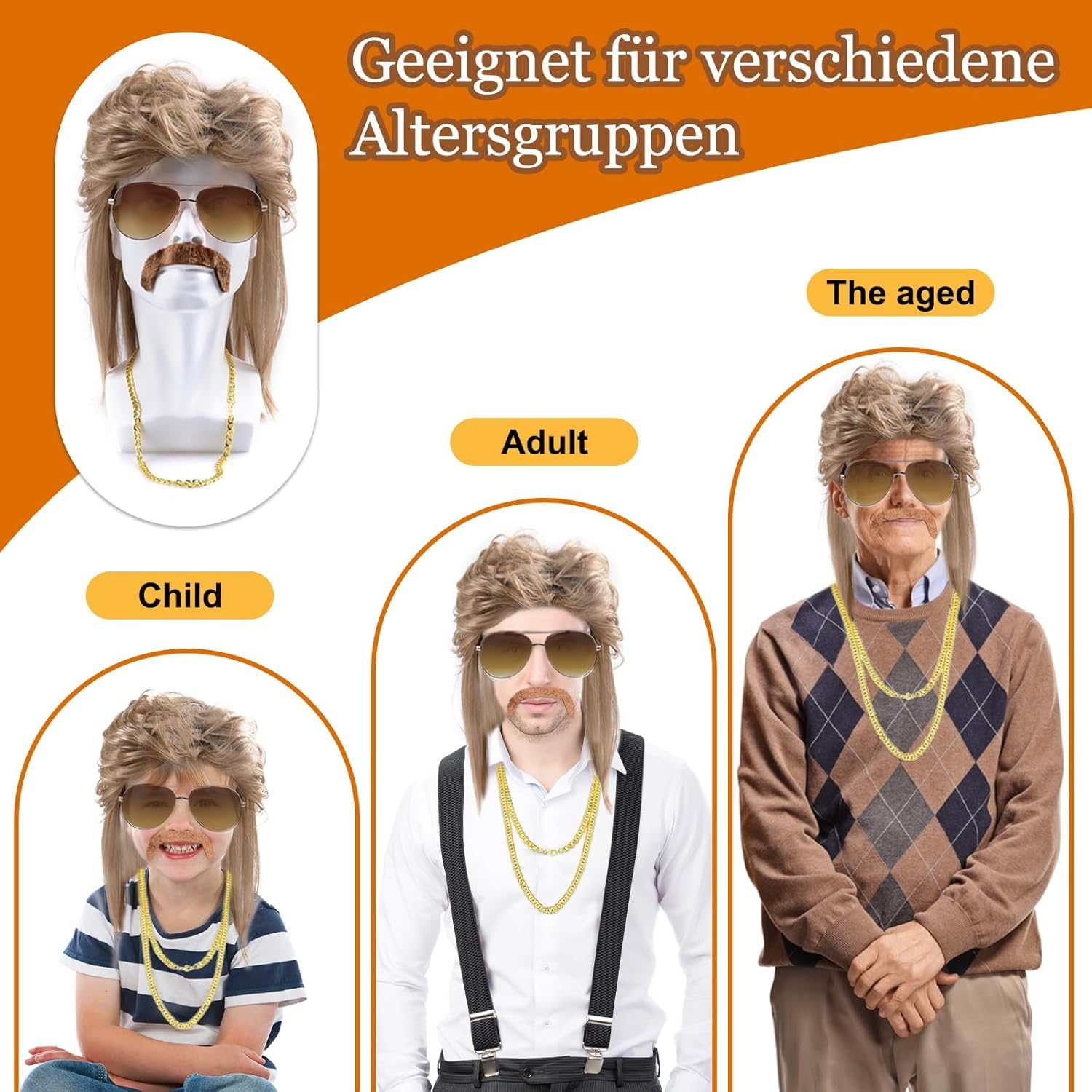 Vokuhila Perücke Herren,4 Stück Vokuhila Perücke Set,80er Perücke Herren,Synthetische Perücke,Perücken Wig Sonnenbrille Halskette,Outfit Accessoires Herren,Männer Perücke Cosplay Kostüm Party