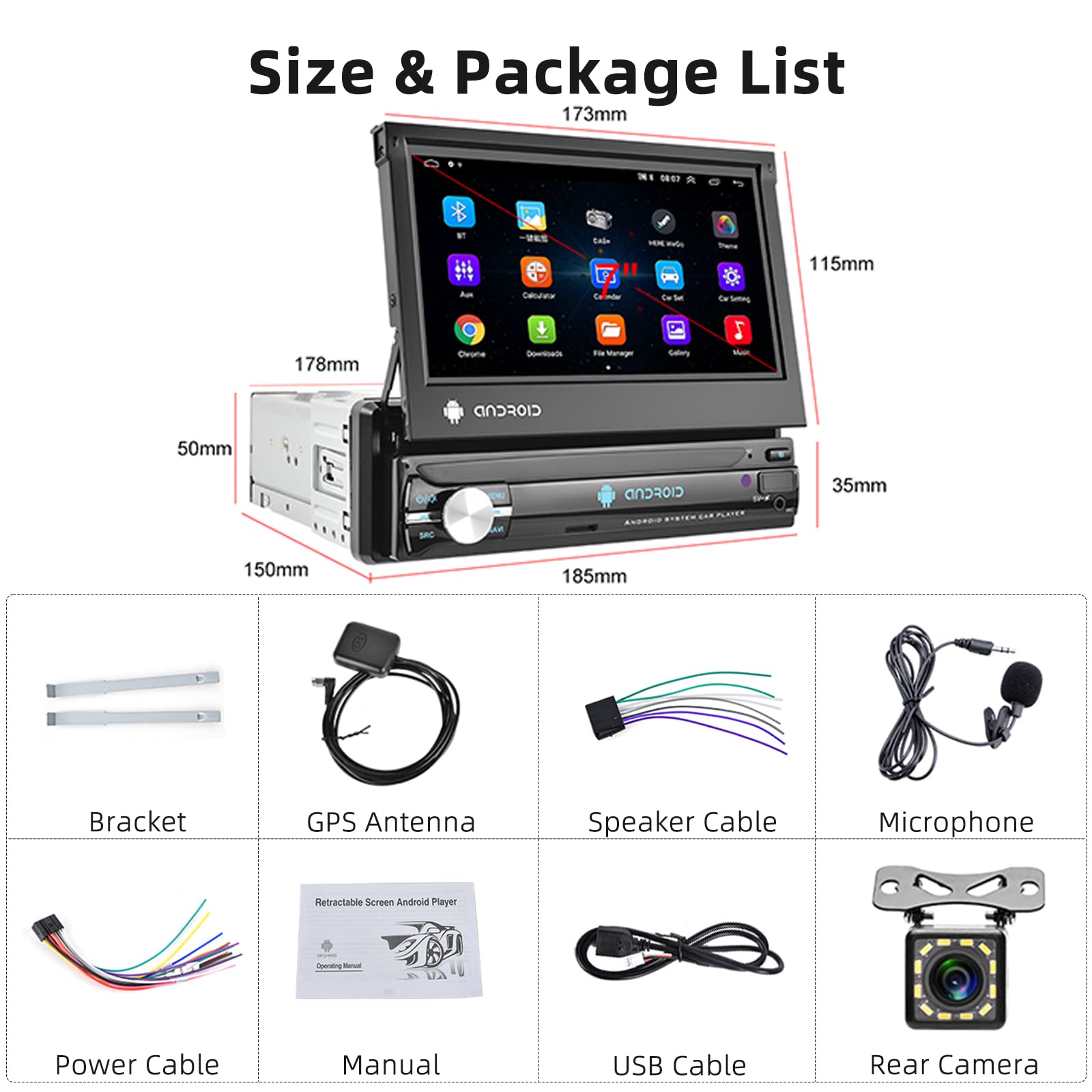 Hodozzy 2GB+64GB Android Radio 1 DIN con Carplay Android Auto Navegación GPS, WiFi, Bluetooth, FM/RDS Radio, Pantalla Táctil de 7 Pulgadas con Mirror Link, USB/AUX, Controles Volante, Cámara