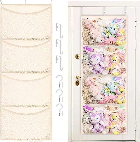 Wide Over The Door Stuffed Animal Storage, Cotton Toy Organizer for Plush Toys, Baby Supplies, Stuffed Animal Holder with 5 Large Pockets, Hanging Door Organizer for Nursery, Bedroom, Kids Room