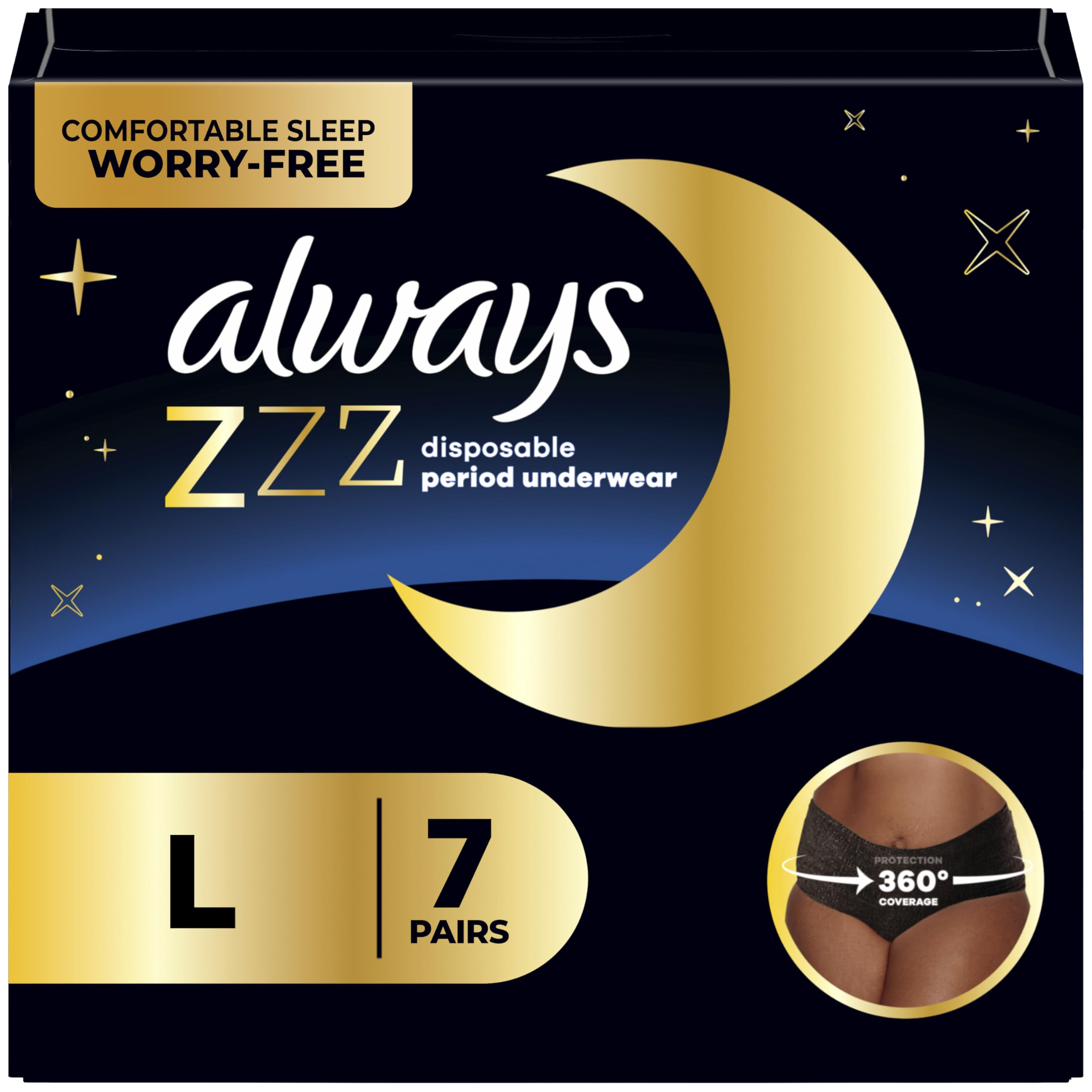 Always ZZZ Overnight Disposable Period Underwear for Women Size LG, 360° Coverage, 7 Count