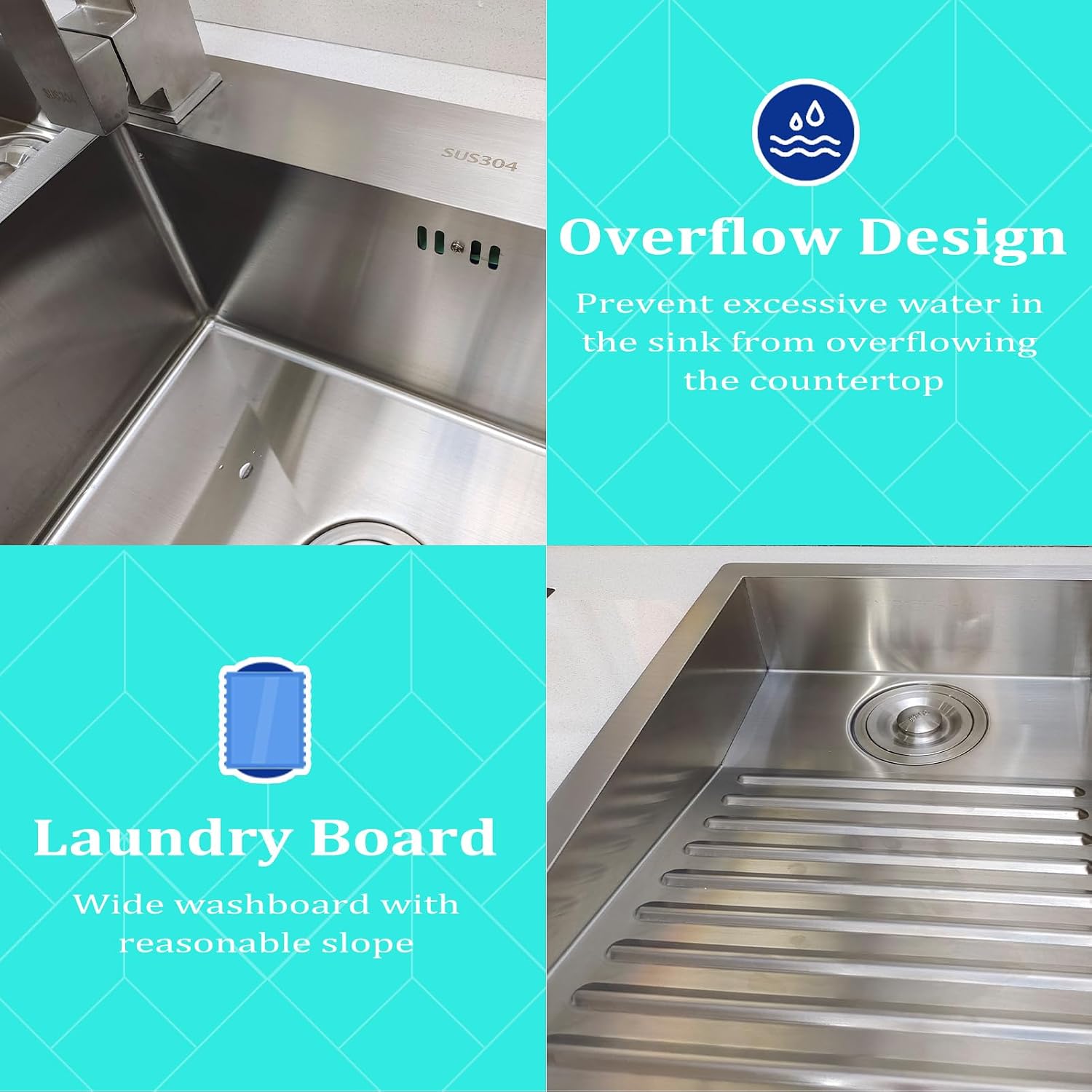1000mm/39.3Inch Laundry Utility Sink With Washboard Stainless Steel Kitchen Sink with Faucet Household Pool Balcony Room Wash Basin Easy Clean Double-Bowl