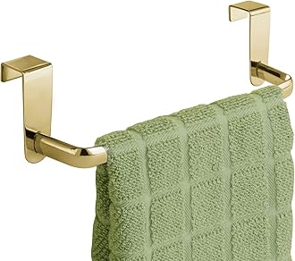 mDesign Steel Metal Wire Over Cabinet Towel Rack Storage Organizer - Hang on Cabinet or Door - Towel Bar Holder for Kitchen - Holds Hand Towels, Washcloths - Spira Collection - Soft Brass