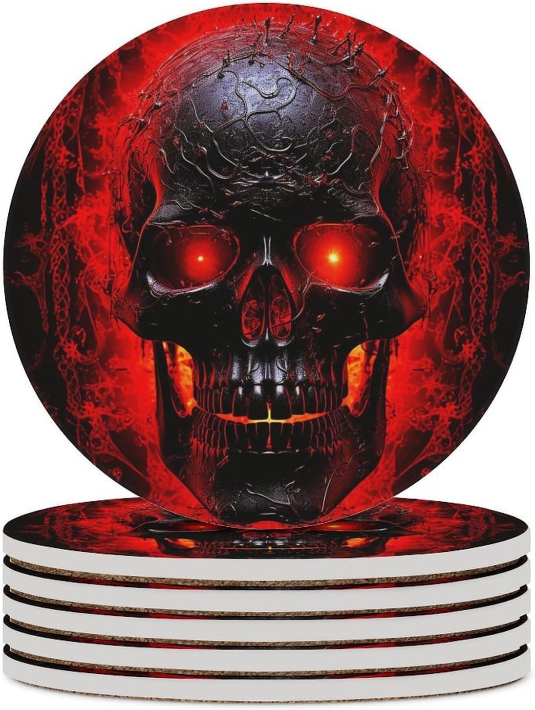6PCS Black and Red Skull Coasters Non-Slip Round Drink Coasters with Ceramic Stone and Cork Base, Heat Resistant Absorbent 33.00Stone Coaster Set for Kinds of Mugs and Cups, 4 Inch