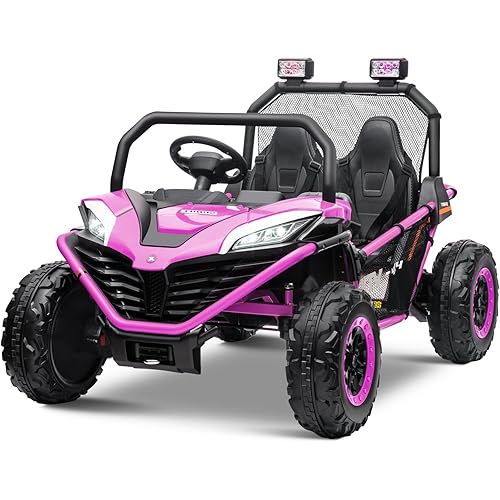 24V 2 Seater10AH 4WD Ride on Cars, Off-Road Kids Electric Vehicles with Remote Control, Bluetooth, Max Speed 6 MPH, Soft Start, Spring Suspension,Purple Pink