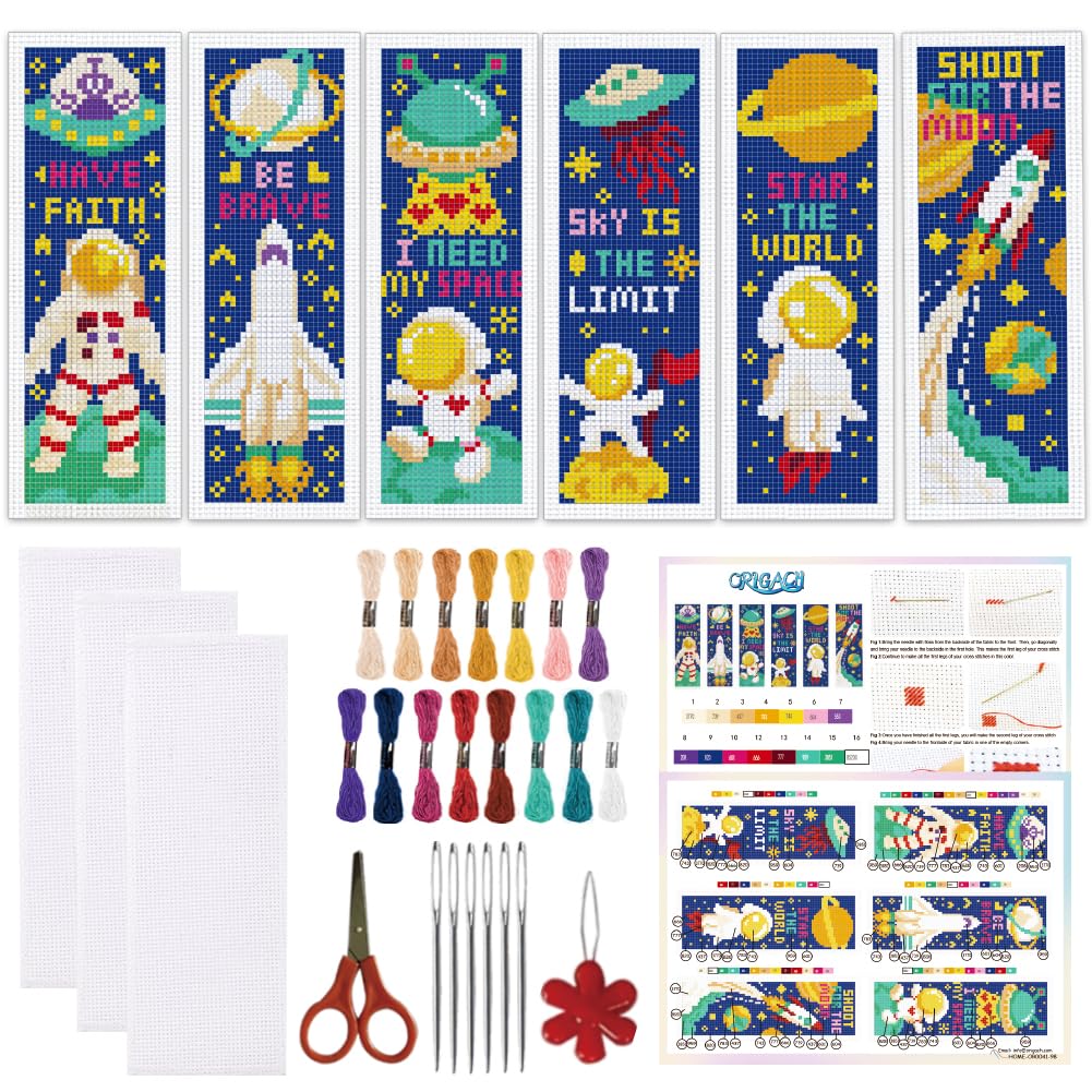 ORIGACH 6 Set Astronaut & Planet Rocket Cross Stitch Bookmark Kit for Beginner with Backing Felt Floss Instructions DIY Stamped Embroidery Bookmark Kit for Adults, Book Lovers โ image 1