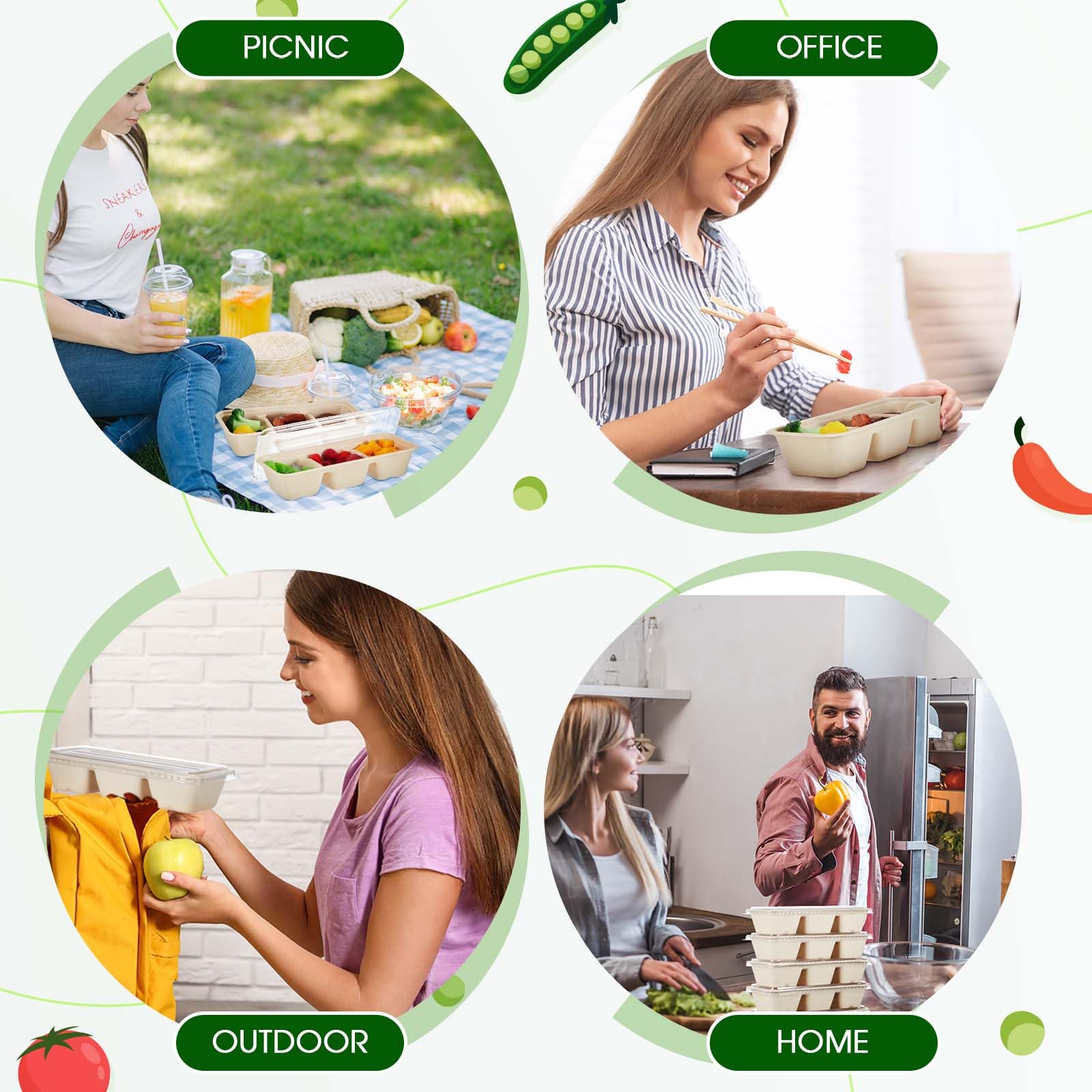 Hushee Paquete de 100 recipientes pequeños de 17 onzas para preparación de comidas, 3 compartimentos con tapas, cajas bento de plástico desechables, reutilizables, apilables, para viajes, para oficina